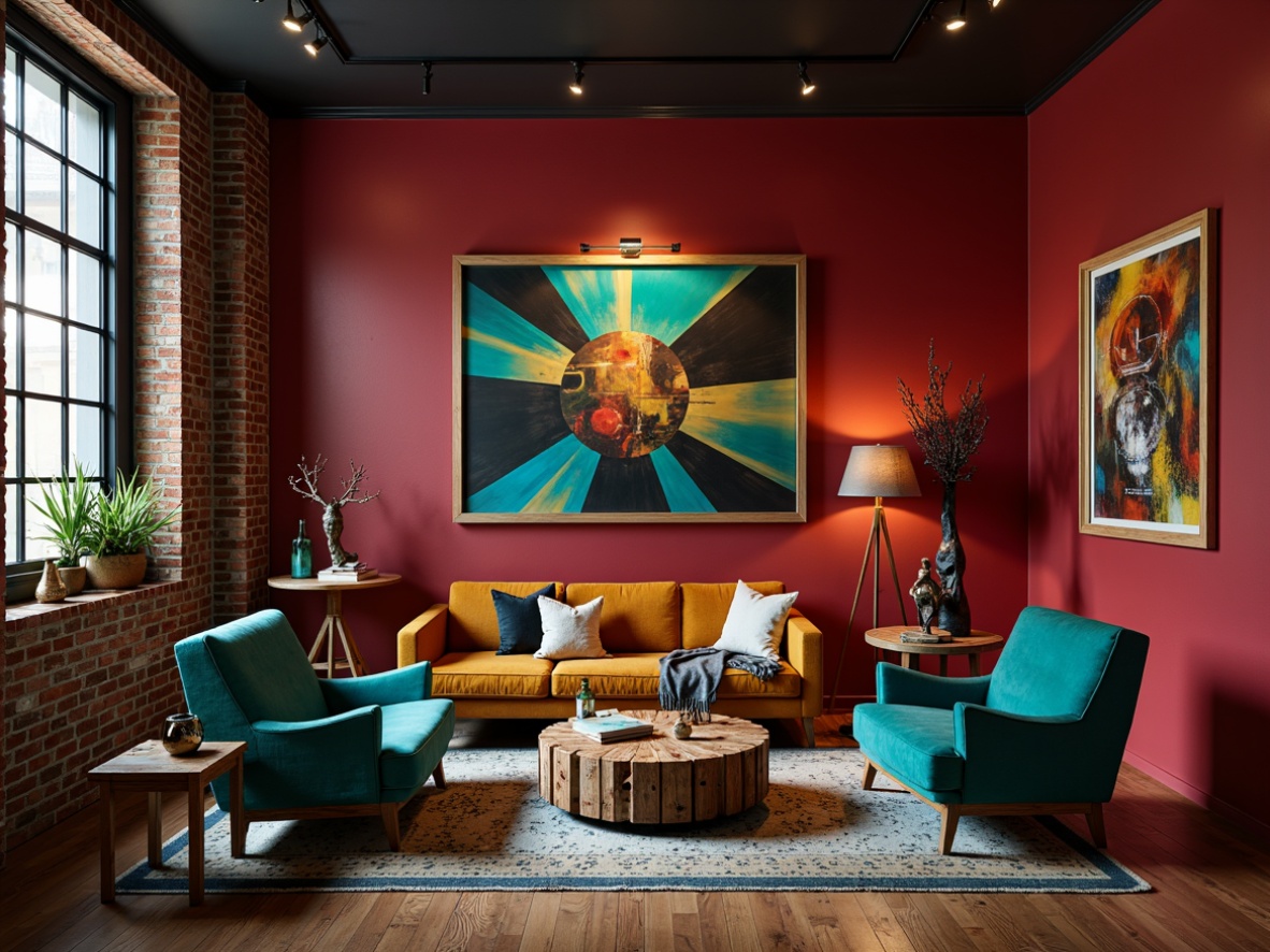 Prompt: Rich maroon walls, bold geometric shapes, eclectic furniture, ornate metal accents, distressed wood textures, vibrant turquoise highlights, warm golden lighting, abstract artwork, avant-garde sculptures, industrial-chic decor, exposed brick, urban loft atmosphere, dramatic shadows, 1/1 composition, high-contrast colors, moody ambient lighting.