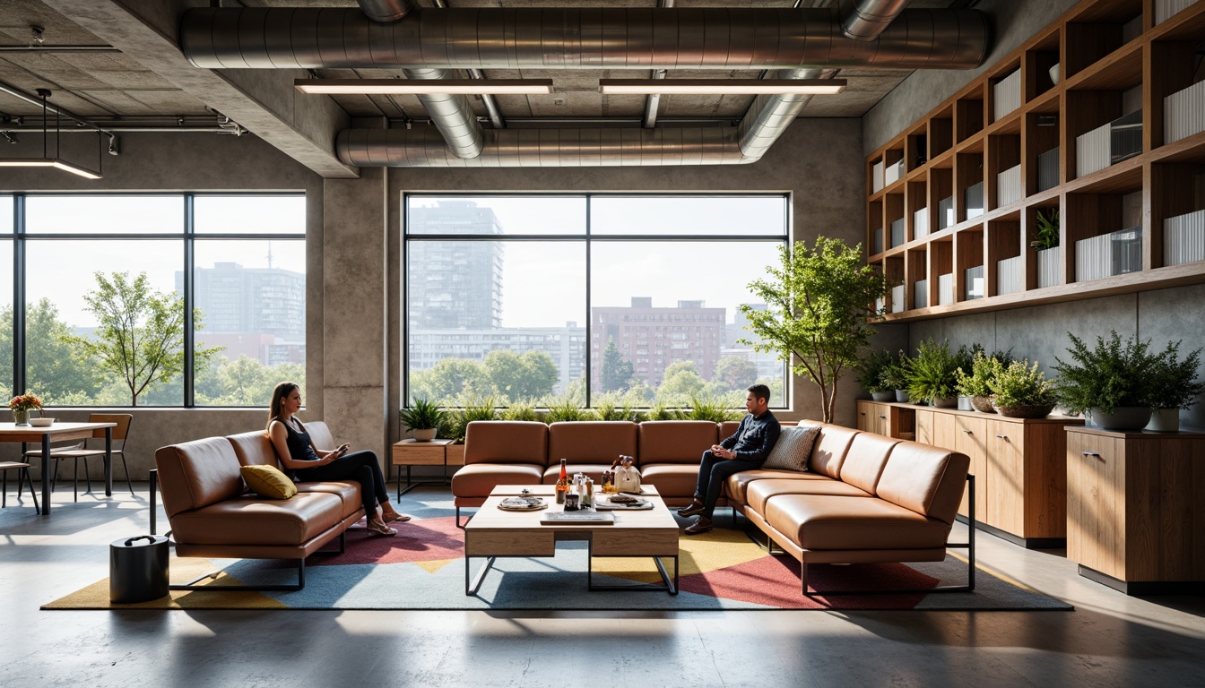 Prompt: Geometric community center, functional furniture, minimalist decor, industrial lighting, exposed ductwork, polished concrete floors, steel beams, modular shelving, leather sofas, wooden tables, metal chairs, geometric patterns, bold color accents, natural textiles, urban landscape, modern cityscape, sunny day, soft diffused lighting, shallow depth of field, 1/1 composition, realistic textures, ambient occlusion.