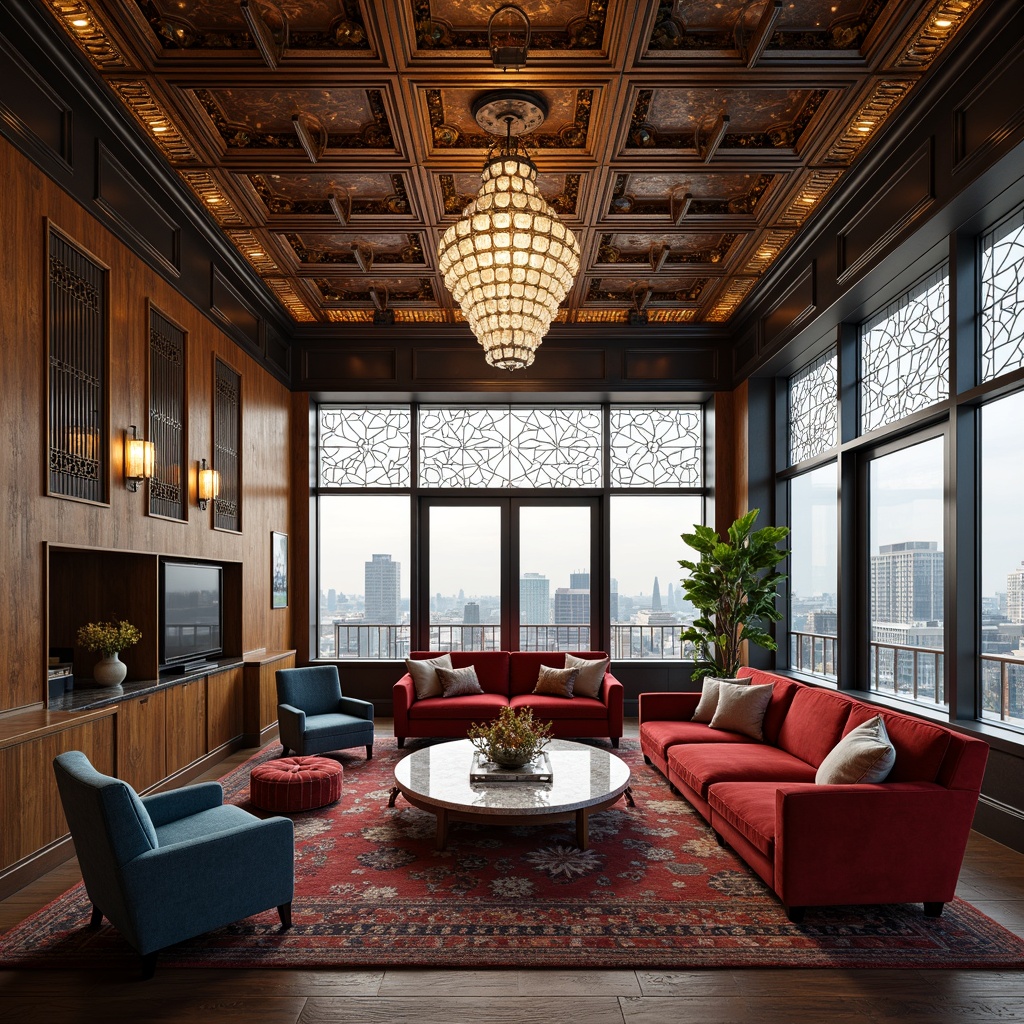 Prompt: Luxurious penthouse, Art Deco style, ornate metalwork, geometric patterns, lavish furnishings, velvet sofas, marble coffee tables, crystal chandeliers, rich wood paneling, metallic accents, opulent rugs, curved lines, bold colors, glamorous ambiance, cityscape views, floor-to-ceiling windows, dramatic verticality, 1/1 composition, high-key lighting, shallow depth of field, realistic textures, ambient occlusion.