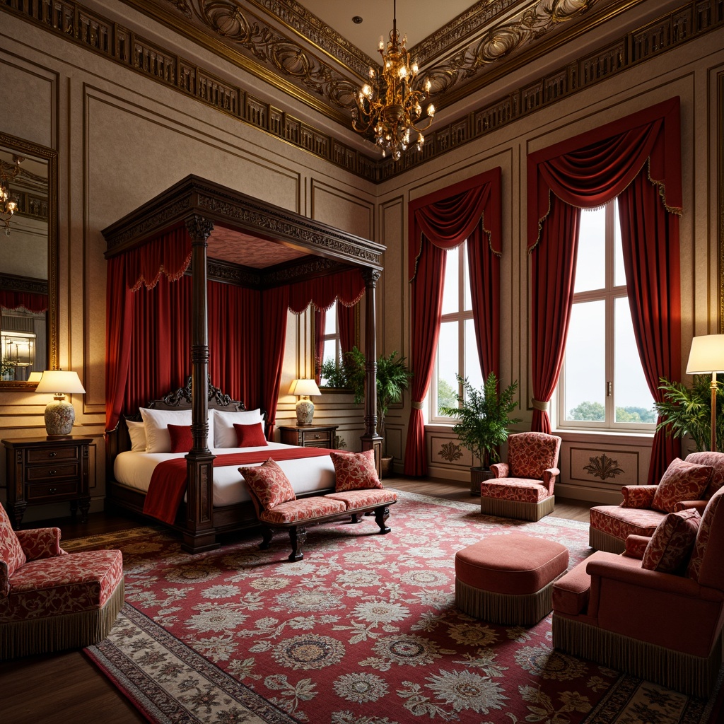 Prompt: Renaissance-style apartment, lavish velvet fabrics, ornate wooden furnishings, gilded mirrors, intricately carved four-poster beds, tufted ottomans, richly patterned rugs, golden lighting fixtures, grand crystal chandeliers, elegant marble fireplaces, intricately designed cabinetry, warm earthy tones, luxurious upholstery, antique-inspired accessories, opulent drapery, majestic high ceilings, ornate plaster moldings, soft warm lighting, shallow depth of field, 1/1 composition, realistic textures, ambient occlusion.