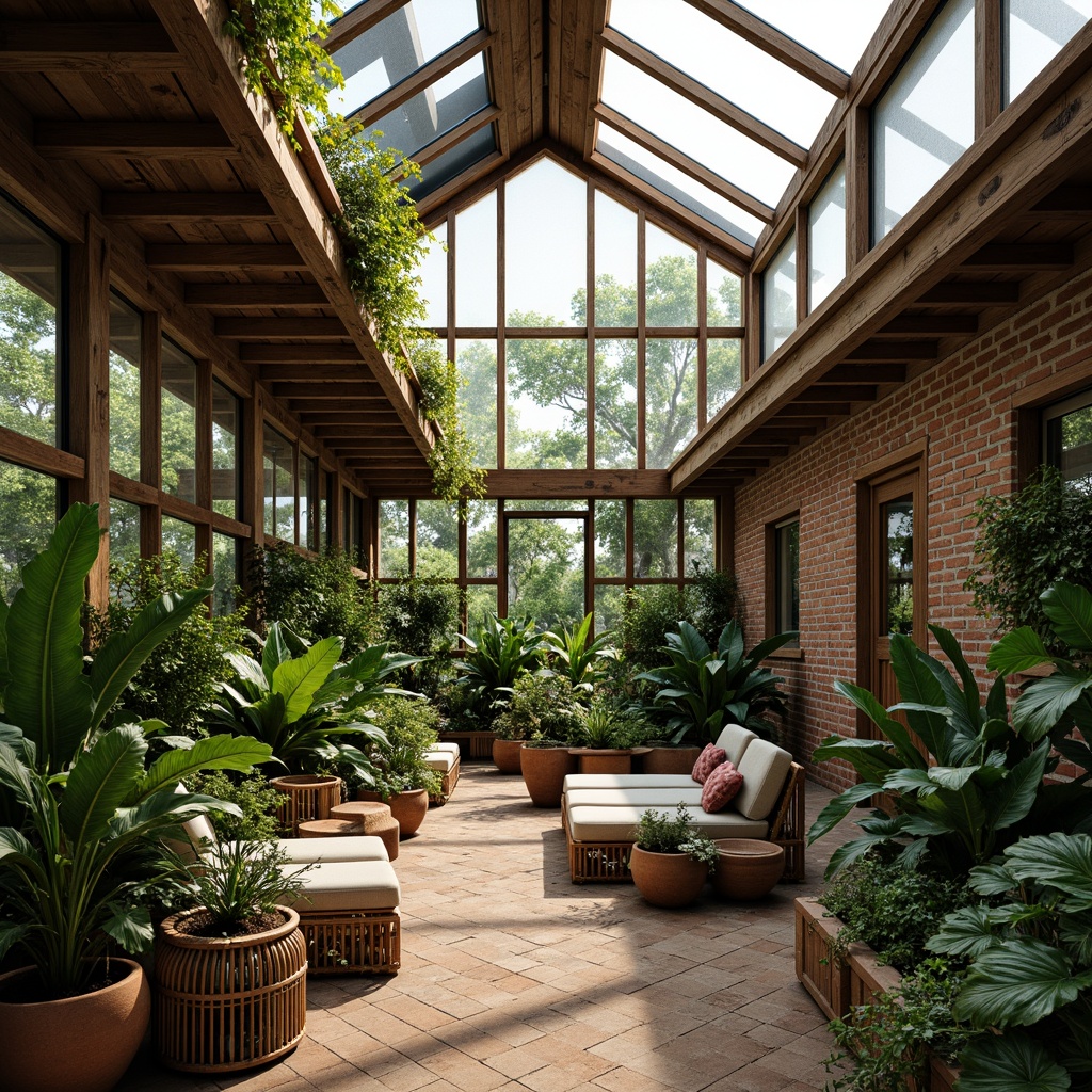 Prompt: Vernacular greenhouse, lush tropical plants, natural ventilation systems, rustic wooden beams, earthy tone bricks, clerestory windows, diffused soft lighting, misting irrigation systems, terracotta pots, woven bamboo furniture, rattan decor, organic forms, curvaceous lines, 1/1 composition, warm color palette, ambient occlusion, realistic foliage textures.