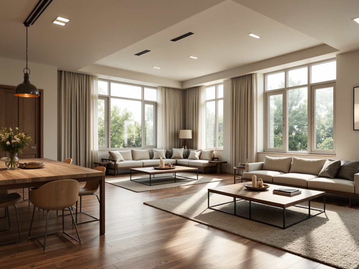 Prompt: Luxurious living room, polished hardwood floors, rich wood grain, warm beige tones, soft area rugs, comfortable seating, modern furniture, large windows, natural light, bright airy atmosphere, minimalist decor, sleek lines, industrial chic accents, metal legs, reclaimed wood coffee tables, textured throw blankets, cozy reading nooks, warm floor lamps, ambient lighting, 1/1 composition, shallow depth of field, realistic textures, soft focus blur.