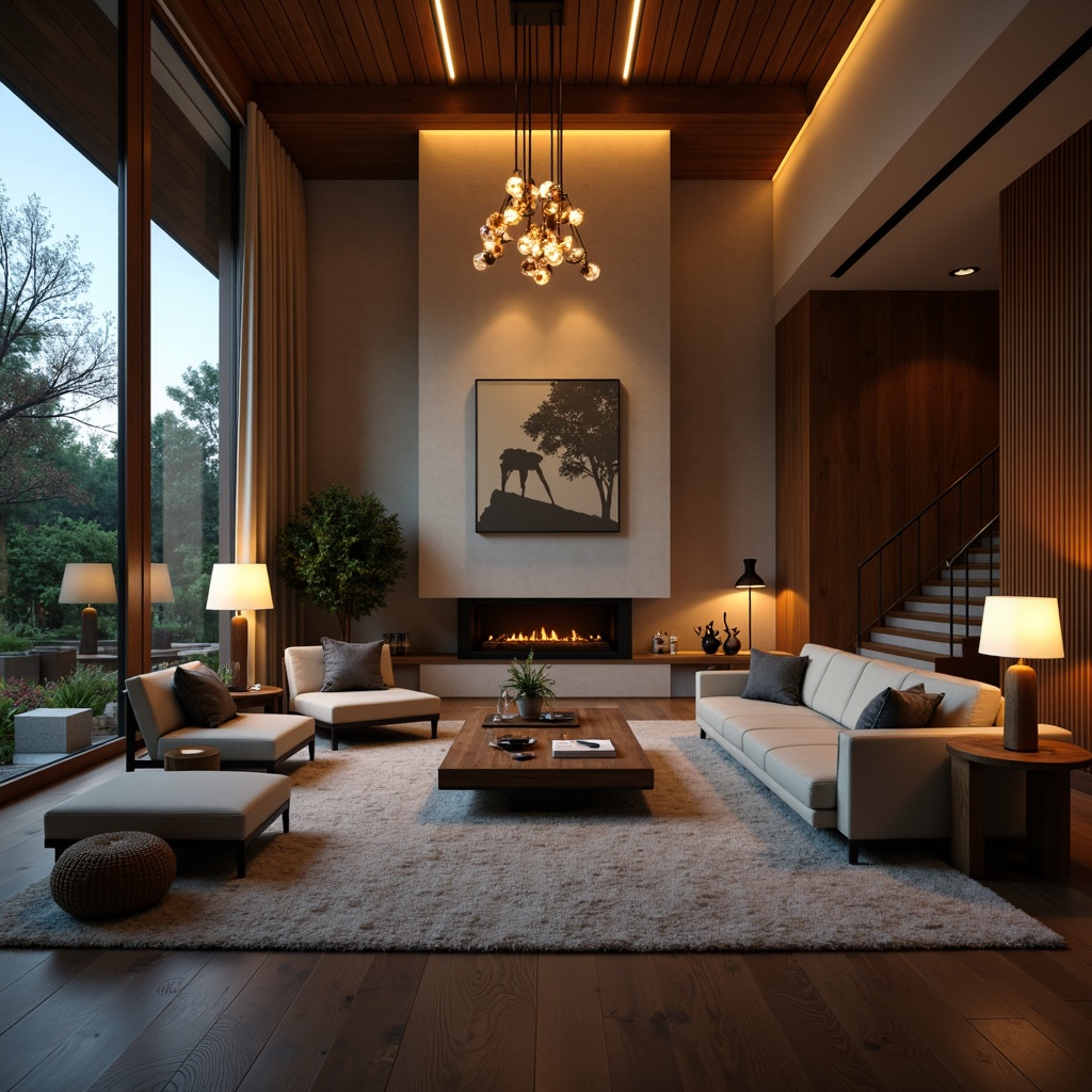 Prompt: Cozy living room, warm ambient lighting, soft glowing lamps, comfortable seating, plush carpets, wooden accents, modern minimalist decor, floor-to-ceiling windows, natural daylight, subtle color palette, textured walls, metallic light fixtures, elegant chandeliers, intimate atmosphere, relaxing ambiance, gentle shadows, 1/2 composition, shallow depth of field, warm color temperature, soft focus.