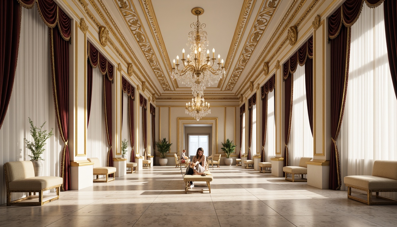 Prompt: Intricate ornate moldings, luxurious gold leafing, creamy white marble, lavish crystal chandeliers, opulent velvet drapes, richly polished wooden floors, grandiose high ceilings, elegant classic columns, sophisticated architectural details, warm soft lighting, shallow depth of field, 3/4 composition, realistic textures, ambient occlusion.