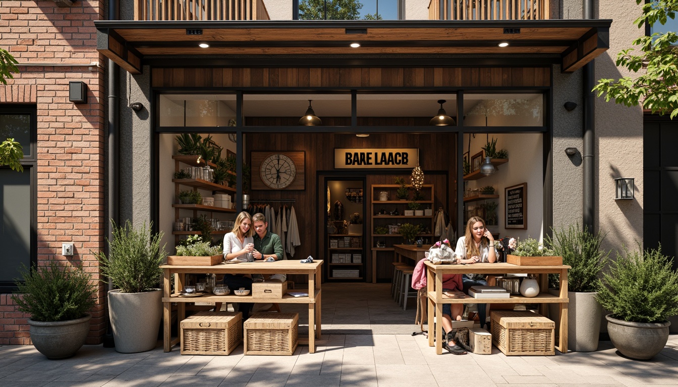 Prompt: Rustic storefront, reclaimed wood facades, distressed metal accents, vintage signage, earthy color palette, natural stone foundations, exposed brick walls, wooden crates, woven baskets, antique fixtures, warm pendant lighting, soft afternoon glow, shallow depth of field, 1/2 composition, realistic textures, ambient occlusion.