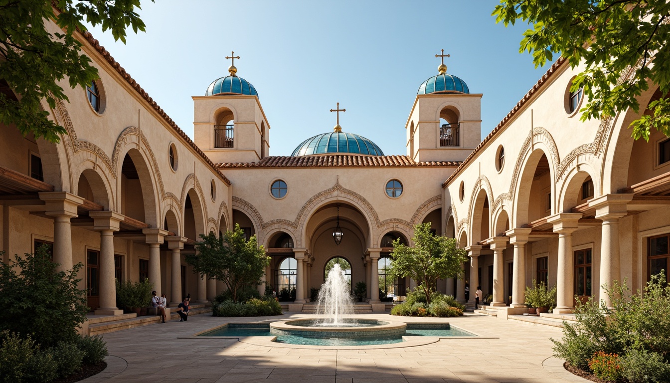 Prompt: Majestic religious architecture, ornate arches, intricately carved stone columns, warm beige stucco walls, terracotta roof tiles, vibrant blue domes, golden crosses, lush greenery, fragrant citrus trees, serene courtyards, tranquil fountains, soft warm lighting, shallow depth of field, 1/2 composition, symmetrical framing, rich textures, subtle ambient occlusion.