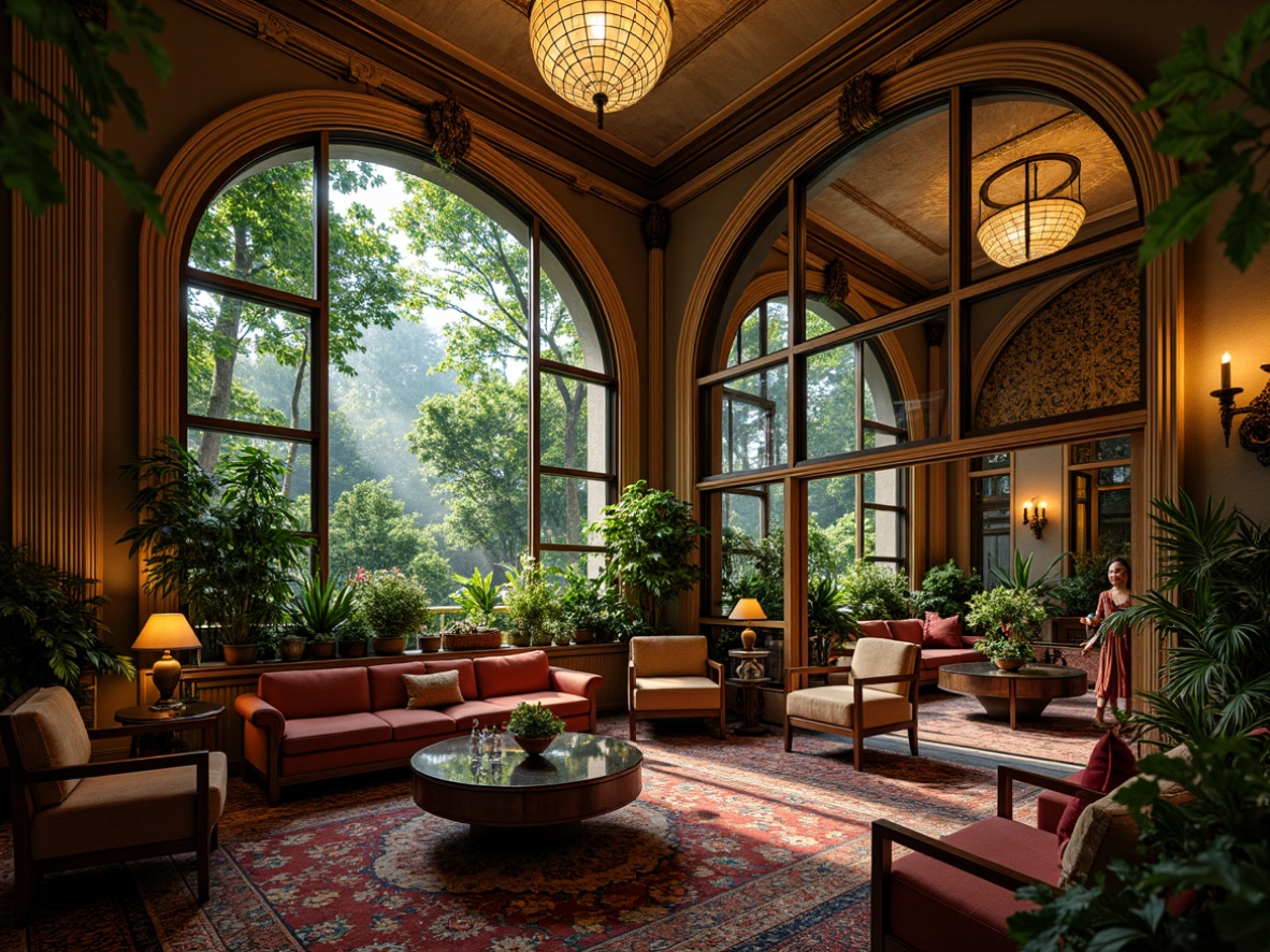 Prompt: Richly ornate Art Nouveau interior, warm golden lighting, lush greenery, intricate botanical patterns, flowing organic lines, whimsical curves, jewel-toned emerald greens, deep blues, rich crimson reds, soft creamy whites, luxurious velvet fabrics, ornate metalwork details, carved wooden accents, stained glass windows, grand chandeliers, opulent furnishings, eclectic vintage decor, mystical ambiance, warm candlelight, shallow depth of field, 1/2 composition, atmospheric perspective, realistic textures, ambient occlusion.