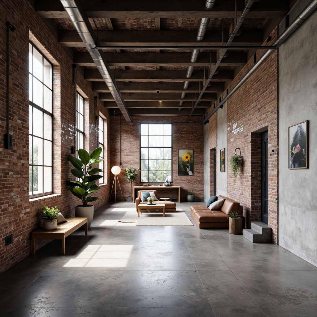 Prompt: Exposed brick walls, polished concrete floors, industrial metal beams, minimalist decor, neutral color palette, soft natural light, airy open spaces, reclaimed wood accents, metal grid ceilings, functional piping systems, urban loft atmosphere, distressed finishes, subtle texture contrasts, moody shadows, dramatic verticality, 3/4 composition, shallow depth of field, realistic ambient occlusion.