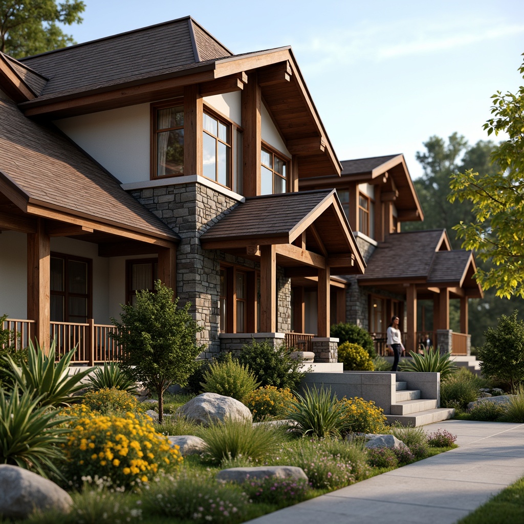 Prompt: Rustic craftsman building, wooden accents, natural stone walls, earthy color palette, tapered columns, decorative trusses, overhanging eaves, dormer windows, cedar shakes roofing, lush greenery, blooming flowers, warm sunny day, soft warm lighting, shallow depth of field, 3/4 composition, panoramic view, realistic textures, ambient occlusion.