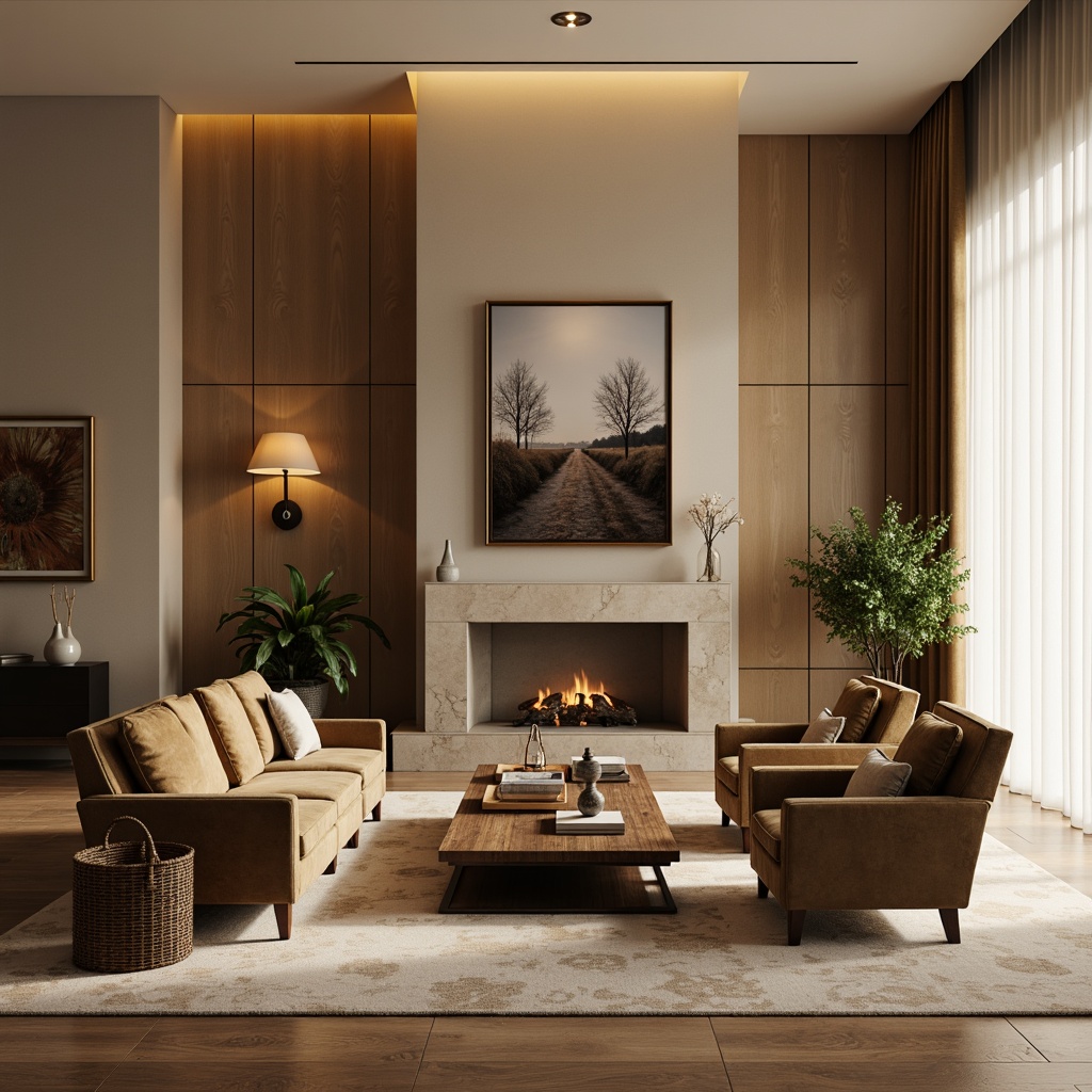 Prompt: Luxurious living room, plush velvet sofa, reclining armchairs, rich wood coffee table, ornate metal frames, soft golden lighting, warm beige walls, elegant drapery, subtle patterned rugs, comfortable oversized pillows, natural stone fireplace, sophisticated minimalist decor, calming atmosphere, 1/1 composition, warm color palette, realistic textures.