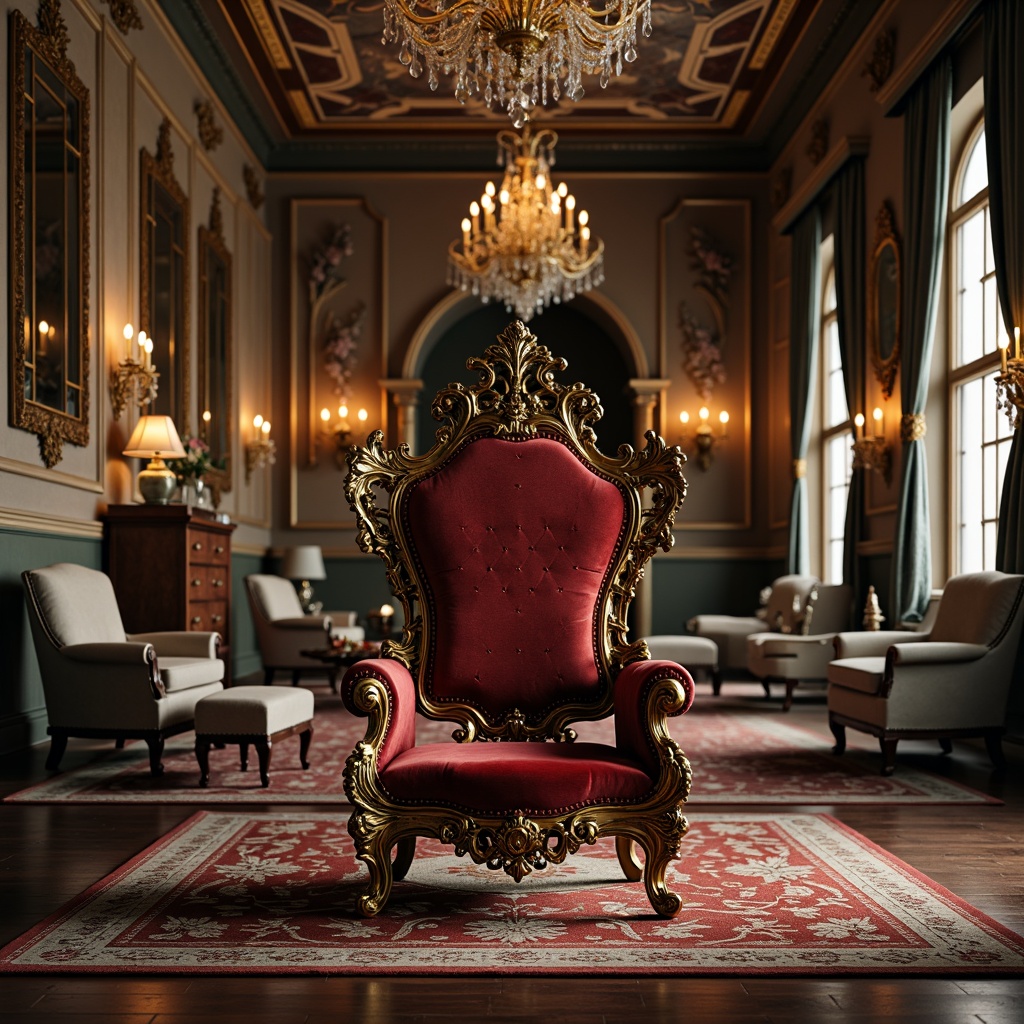 Prompt: Ornate throne-like chair, intricately carved wooden legs, gilded bronze accents, velvet upholstery, majestic drapery, golden candelabras, opulent crystal chandeliers, richly patterned rugs, ornamental mirrors, grandiose archways, lavish fresco ceilings, dramatic curtains, antique furniture pieces, regal ambiance, warm soft lighting, shallow depth of field, 1/1 composition, detailed textures, ambient occlusion.