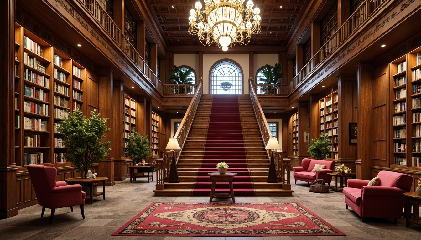 Prompt: Elegant library interior, rich wood paneling, ornate chandeliers, plush velvet couches, vibrant colorful rugs, intricate carved wooden shelves, floor-to-ceiling bookcases, grand staircase, natural stone flooring, warm golden lighting, cozy reading nooks, comfortable ergonomic chairs, decorative metal railings, stained glass windows, beautiful floral patterns, soft cream-colored walls, inviting atmosphere, shallow depth of field, 3/4 composition, realistic textures, ambient occlusion.