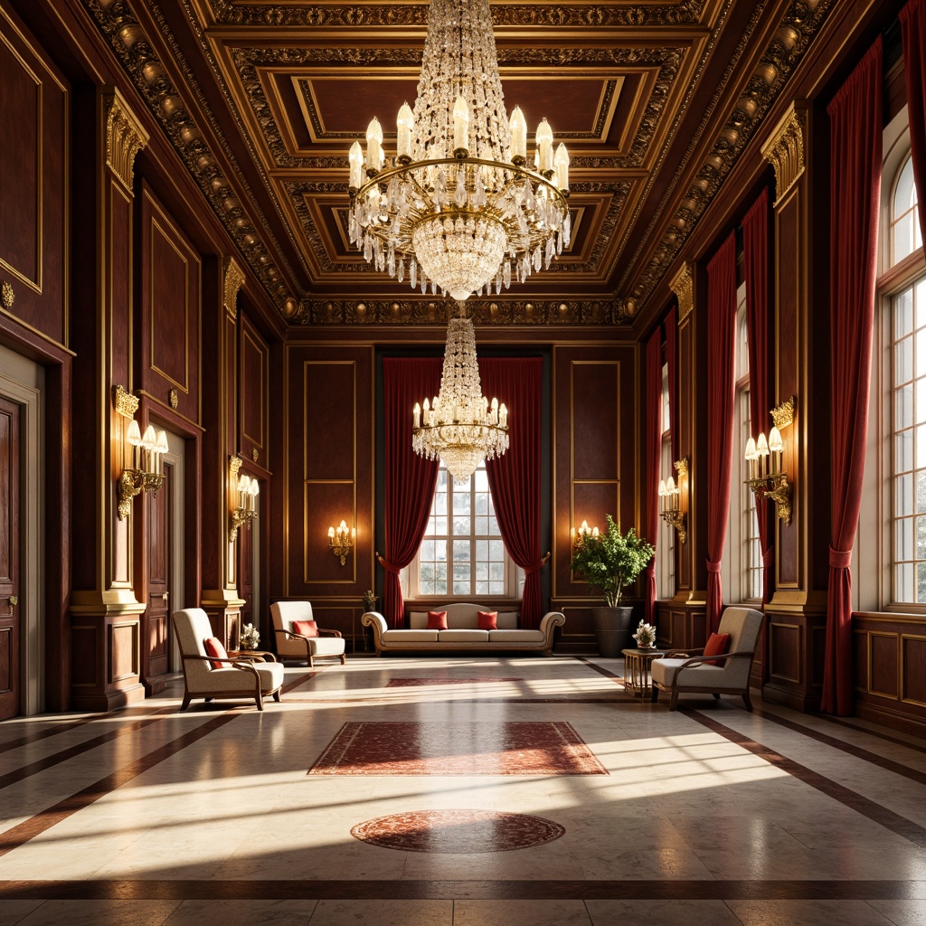 Prompt: Grandiose chandeliers, ornate metalwork, crystal droplets, velvet drapes, marble floors, high ceilings, symmetrical composition, classical columns, carved wooden paneling, intricate moldings, gilded accents, warm golden lighting, soft diffused glow, subtle shadowing, 1/1 composition, realistic textures, ambient occlusion.