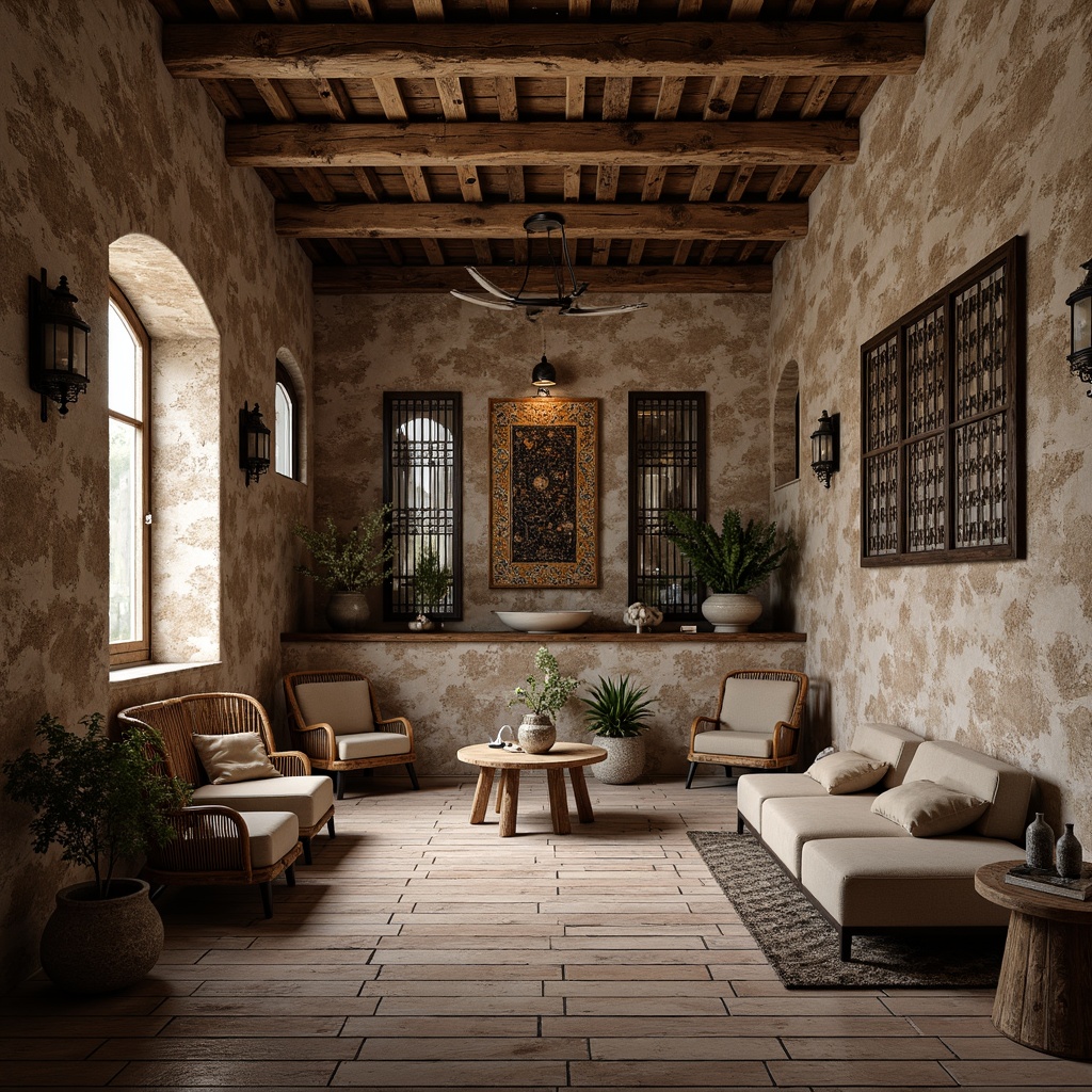 Prompt: Rustic wooden planks, distressed stone walls, vintage metal grilles, ornate ceramic tiles, woven wicker furniture, soft suede upholstery, rough-hewn rock formations, intricate mosaic patterns, warm ambient lighting, shallow depth of field, 1/2 composition, realistic textures, ambient occlusion.