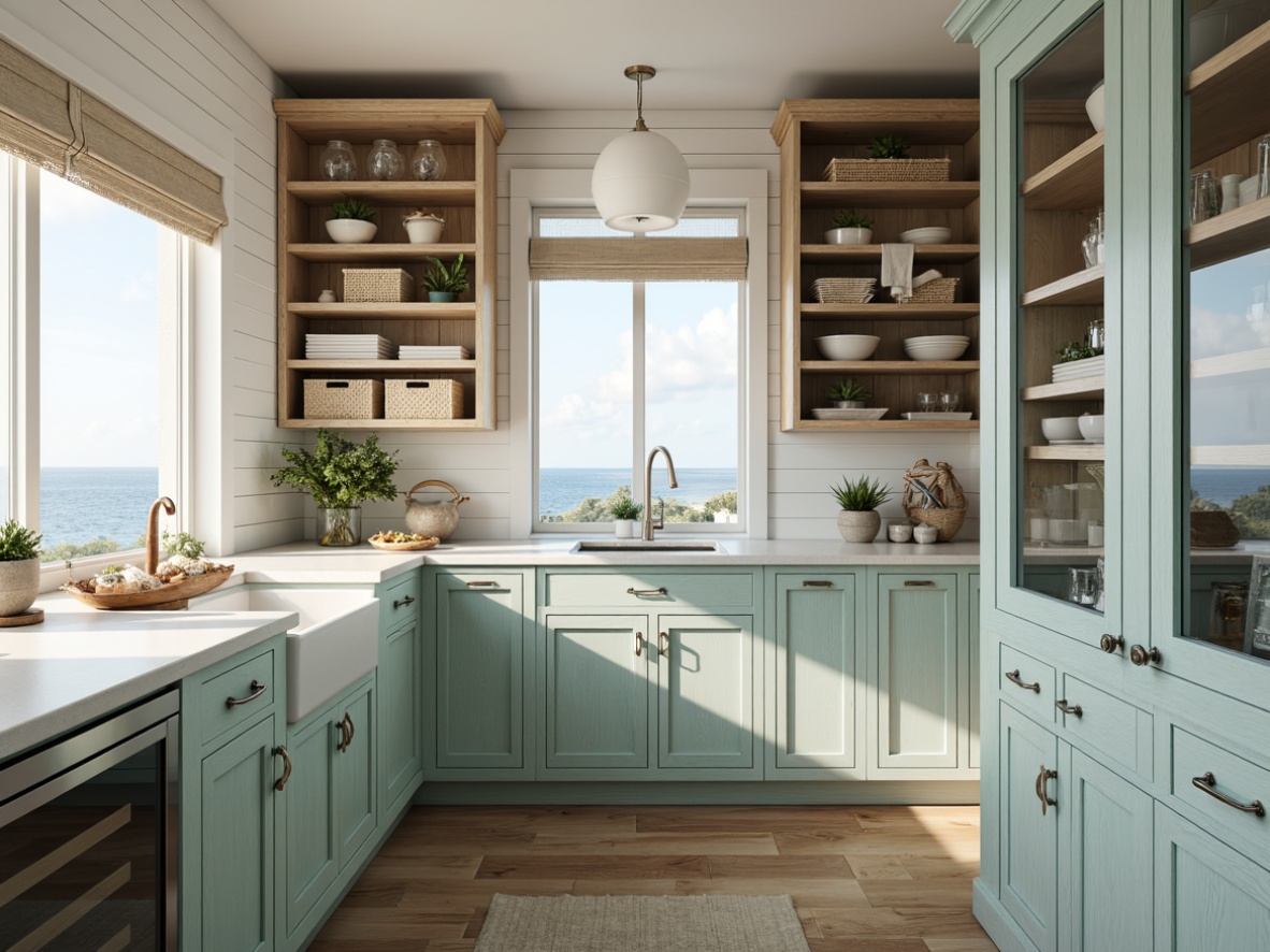 Prompt: Coastal style pantry, driftwood cabinetry, soft blue-green cabinets, white shiplap walls, nautical rope accents, polished chrome hardware, glass door fronts, open shelving, beachy decorative accessories, woven sea grass baskets, coral-inspired textiles, calming ocean views, warm sunny lighting, shallow depth of field, 1/1 composition, realistic wood textures, ambient occlusion.