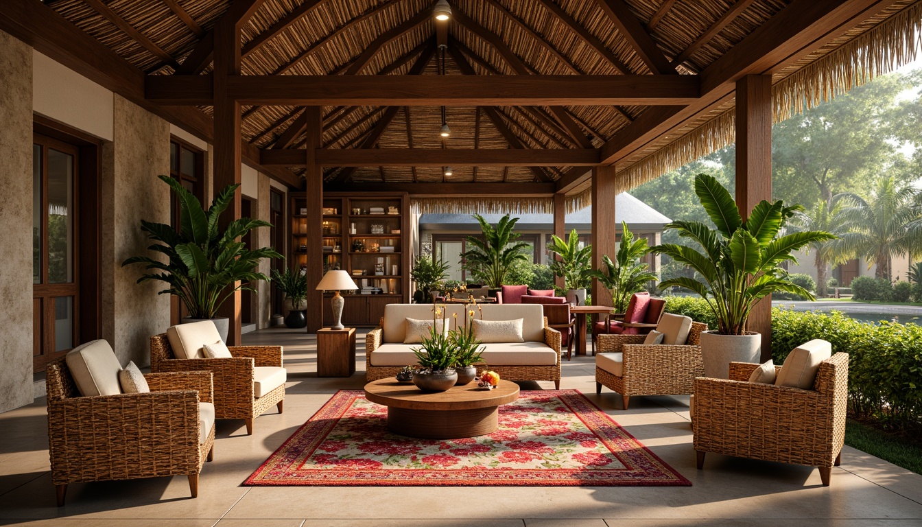 Prompt: Tropical hotel lobby, rattan furniture, woven bamboo chairs, plush velvet sofas, natural fiber rugs, vibrant floral patterns, colorful tiki torches, exotic potted plants, wooden accents, reclaimed teak wood, distressed finishes, rustic decor, earthy tones, soft warm lighting, 1/1 composition, shallow depth of field, realistic textures, ambient occlusion.