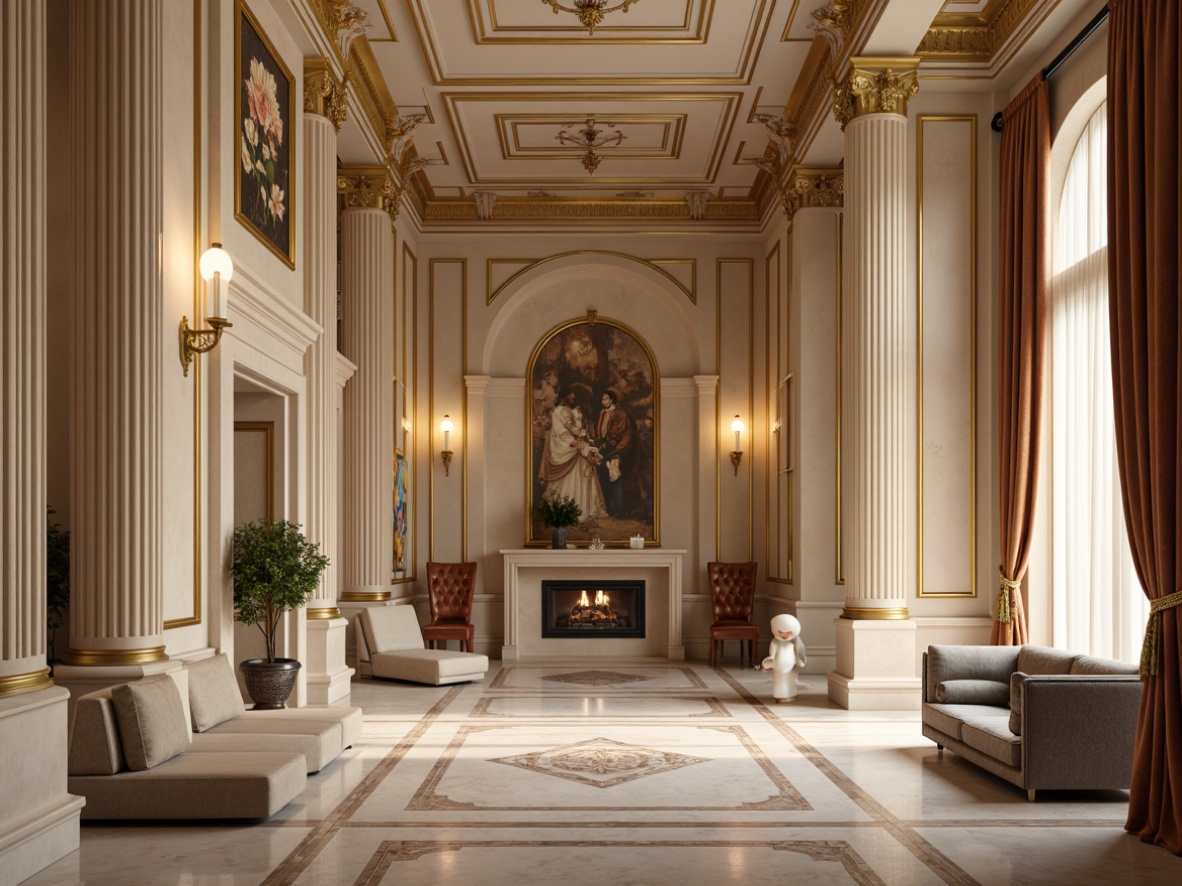 Prompt: \Elegant neoclassical facade, ornate details, creamy marble textures, rich gold accents, soft beige walls, majestic columns, intricate moldings, luxurious velvet fabrics, warm candlelight, subtle shadows, 1/2 composition, shallow depth of field, realistic reflections, ambient occlusion, sophisticated color harmony.\Let me know if this meets your requirements!