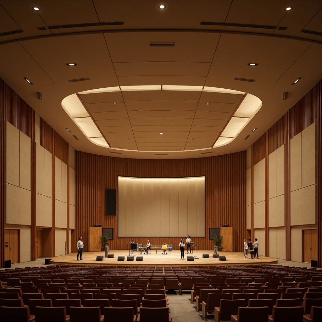 Prompt: Curved auditorium walls, streamlined moderne style, acoustic panels with wooden frames, sound-absorbing materials, minimal ornamentation, sleek lines, geometric shapes, high ceilings, recessed lighting, warm beige tones, rich wood accents, comfortable seating, audience chairs, stage area, professional audio equipment, spotlights, dramatic shadows, low-key ambiance, 1/1 composition, softbox lighting, realistic textures, ambient occlusion.