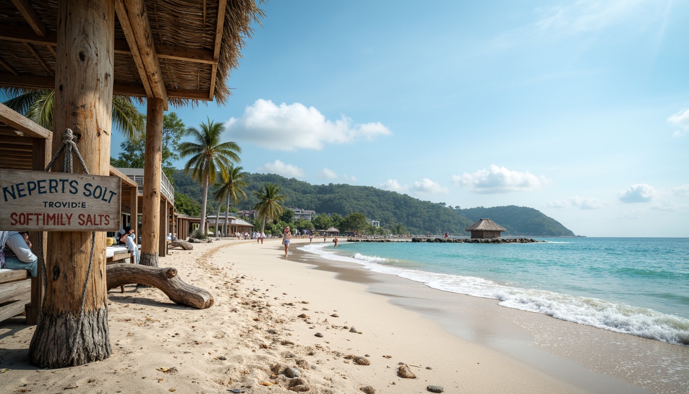 Prompt: Calming coastal scenery, soft sandy beaches, clear blue waters, weathered driftwood, rustic nautical ropes, vintage beach signs, distressed wooden planks, faded blues and whites, natural sea salt textures, warm sunny days, shallow depth of field, 3/4 composition, panoramic view, realistic water effects, ambient occlusion.