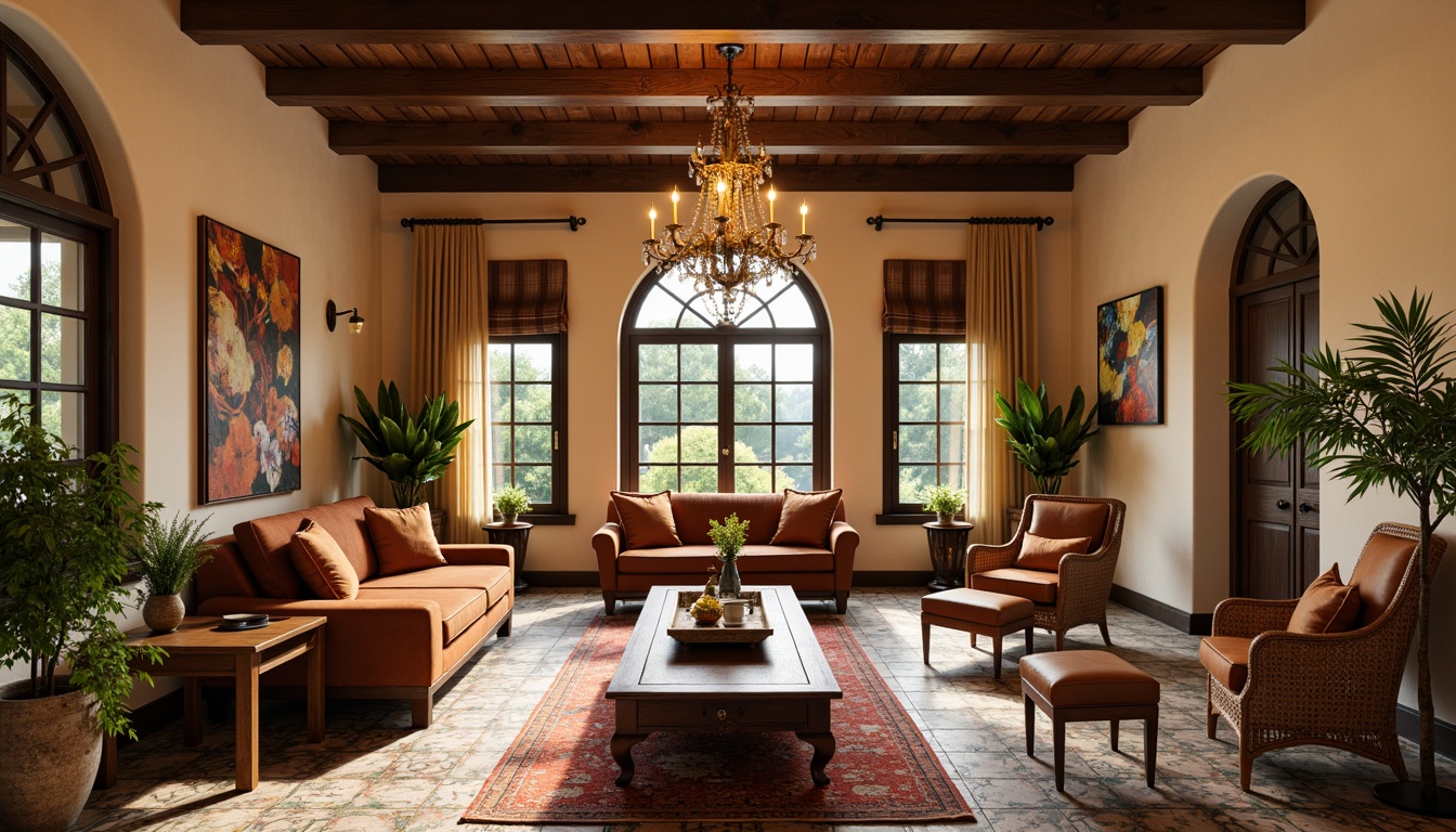 Prompt: Warm beige walls, dark wood accents, ornate metalwork, plush velvet sofas, rustic wooden desks, vintage leather armchairs, colorful ceramic tiles, woven rattan furniture, natural fiber rugs, elegant chandeliers, soft golden lighting, warm earthy tones, exotic plants, Mediterranean-inspired patterns, classic archways, columns, and alcoves.