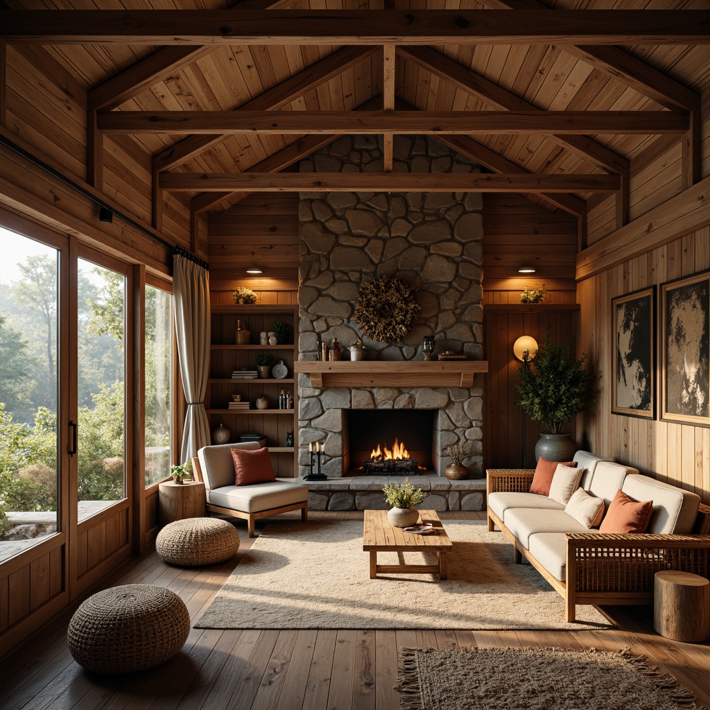 Prompt: Earth-toned cabin, reclaimed wooden walls, rustic stone fireplace, plush area rugs, natural fiber upholstery, woven bamboo furniture, organic-shaped decorations, earthy color palette, warm ambient lighting, cozy atmosphere, serene forest surroundings, misty morning light, shallow depth of field, 1/2 composition, realistic textures, soft focus effect.