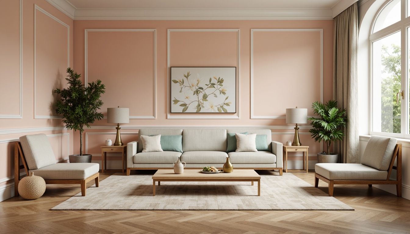 Prompt: Soft peach walls, creamy white trim, warm beige floors, rich walnut furniture, delicate mint accents, elegant gold hardware, subtle gray undertones, natural linen textiles, ambient softbox lighting, 1/1 composition, intimate atmosphere, realistic reflections, detailed normal maps.