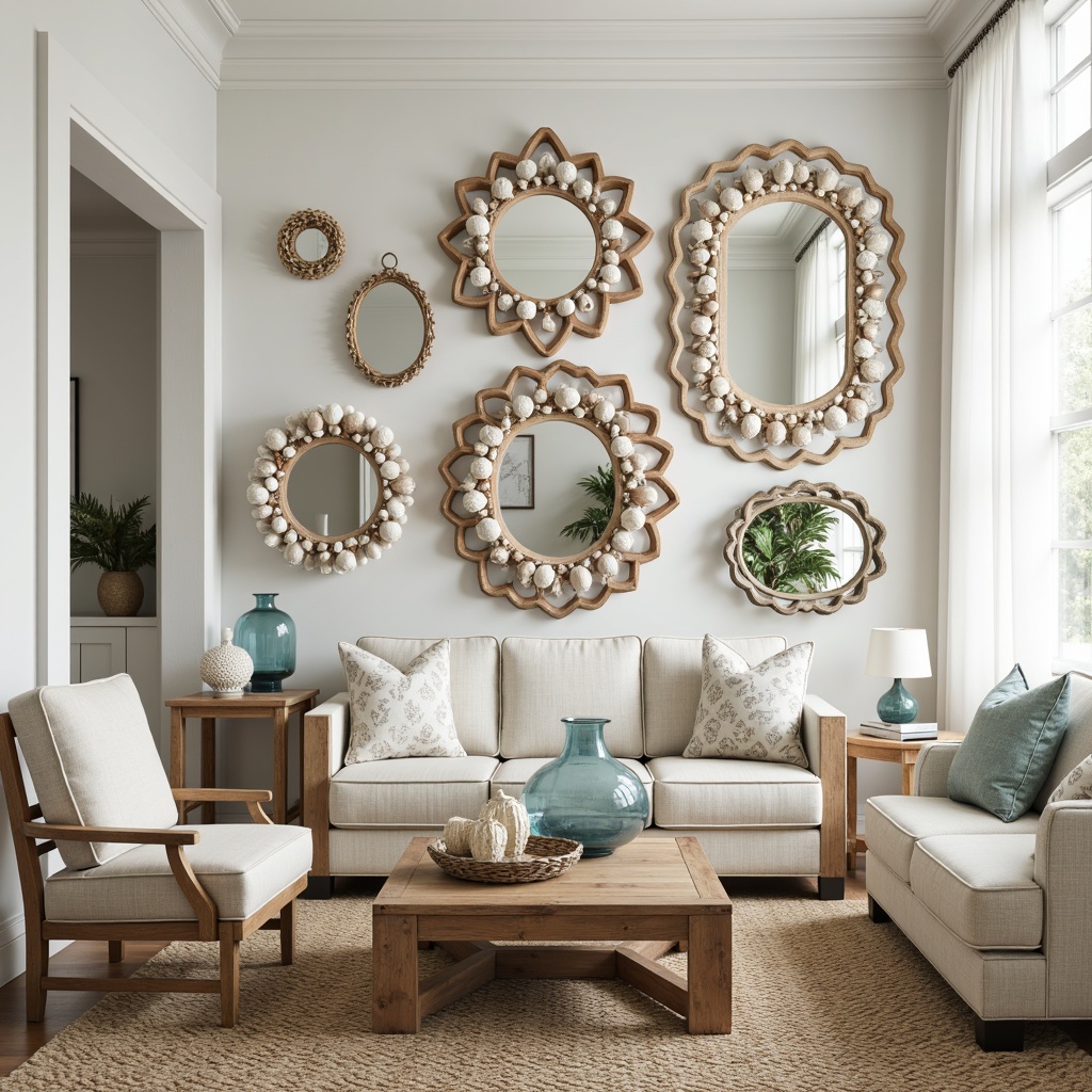 Prompt: Seashell-adorned mirrors, driftwood furniture, ocean-blue glass vases, woven jute rugs, natural fiber textiles, distressed wood accents, coral-inspired patterns, soft sandy neutrals, beachy keen decor, sea salt air, warm sunny lighting, shallow depth of field, 1/1 composition, realistic textures, ambient occlusion.