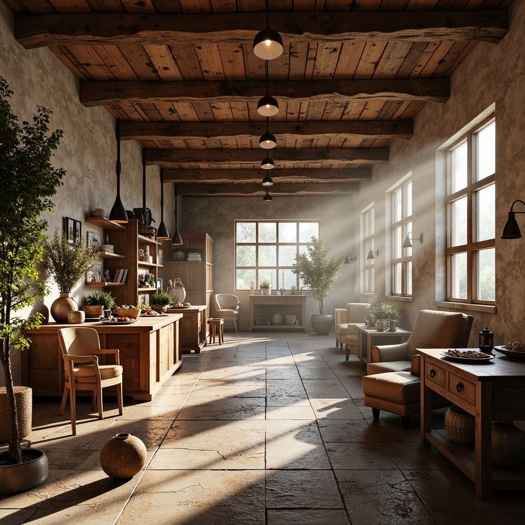 Prompt: Rustic market craftsman interior, exposed wooden beams, distressed wood accents, earthy color palette, natural stone flooring, reclaimed wood furniture, vintage metal lighting, industrial-chic decor, open-plan layout, high ceilings, abundant natural light, soft warm glow, shallow depth of field, 2/3 composition, atmospheric misting, realistic textures, ambient occlusion.