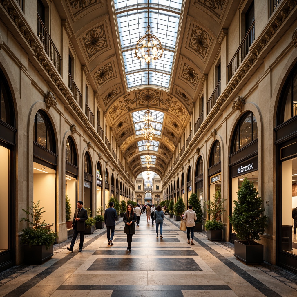 Prompt: Grand shopping arcade, ornate ceilings, intricate stucco details, flowing organic patterns, elegant curves, lavish chandeliers, stained glass skylights, polished marble floors, ornamental railings, gilded accents, luxurious textiles, rich wood tones, soft warm lighting, shallow depth of field, 1/2 composition, realistic reflections, ambient occlusion, bustling atmosphere, vibrant city life.