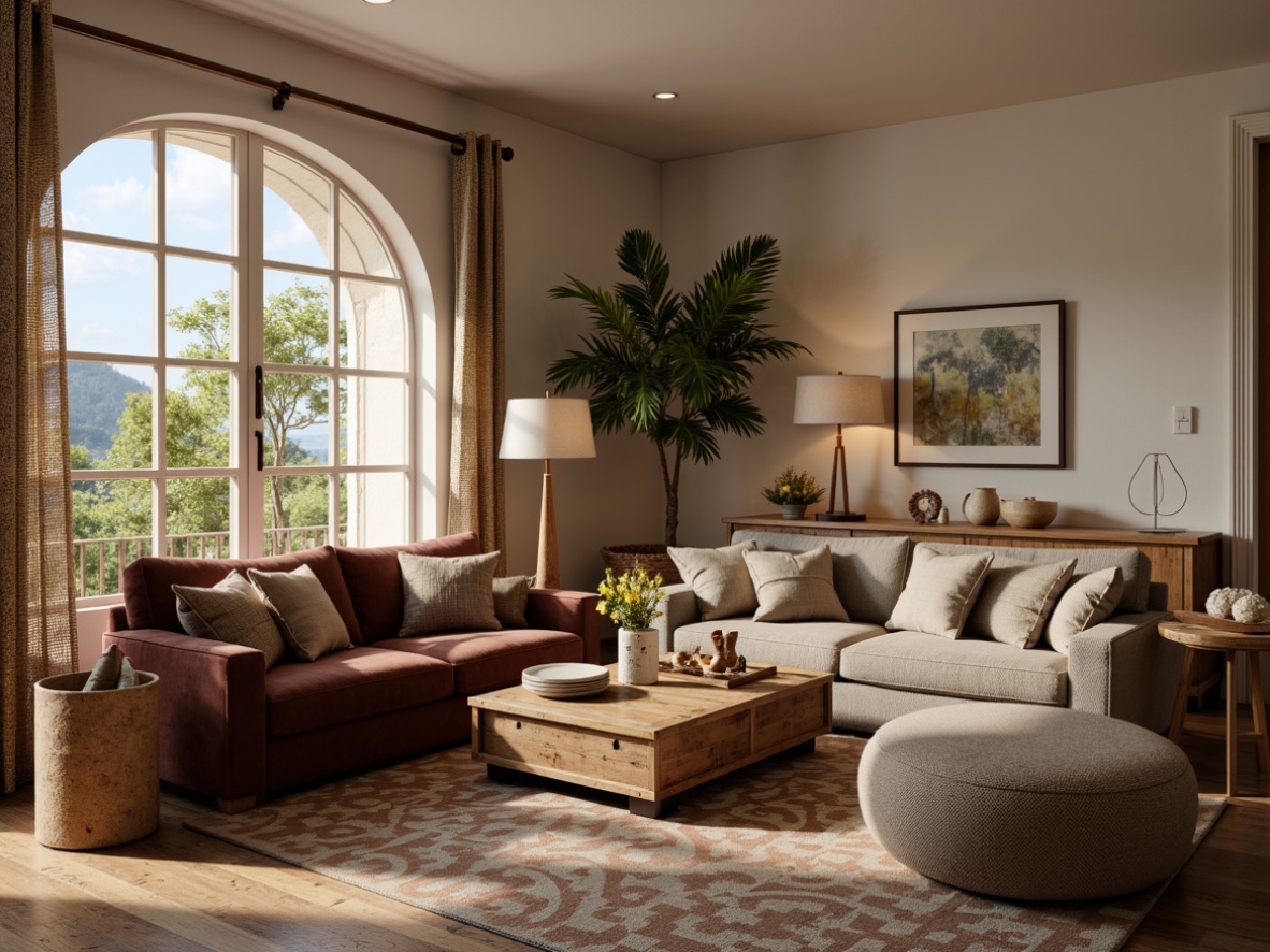 Prompt: Cozy living room, plush sofas, velvet armchairs, reclaimed wood coffee tables, industrial metal lamps, soft warm lighting, natural textiles, woven baskets, geometric patterned rugs, comfortable seating areas, relaxation ambiance, calming color palette, earthy tones, minimalist decor, functional storage units, modern ergonomic design, luxurious upholstery, subtle decorative accents.