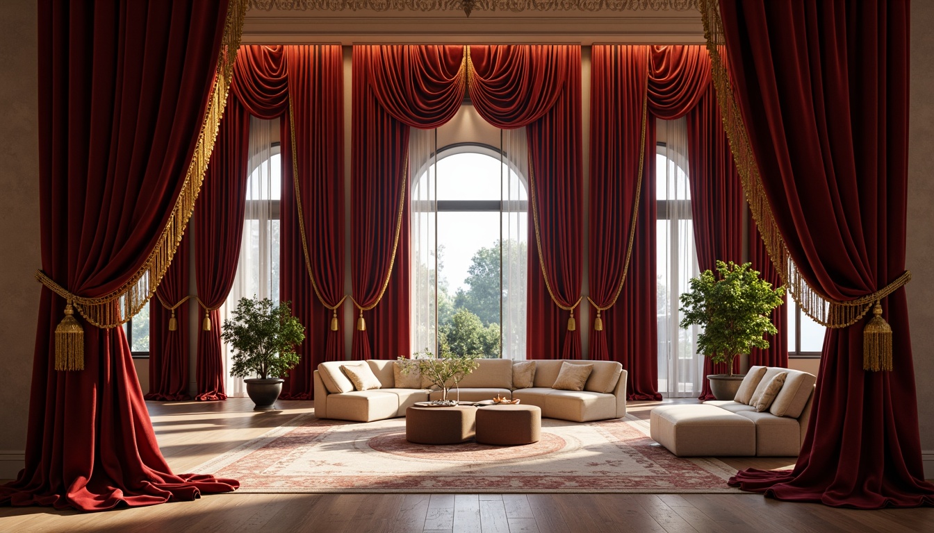 Prompt: Luxurious velvet drapes, golden tassel trim, rich jewel-toned fabrics, soft folds, flowing curves, elegant pleats, intricate embroidery, beaded fringe, opulent silk textures, lavish floor-to-ceiling designs, sophisticated layering, natural light filtration, warm ambient glow, subtle shading, dramatic ceiling heights, spacious interior vistas, refined modern minimalism.