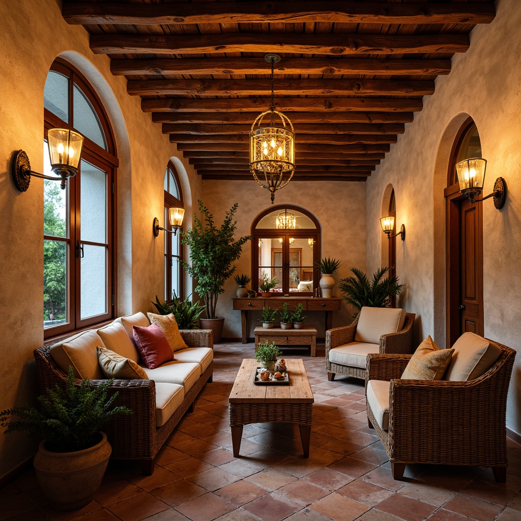 Prompt: Warm Mediterranean interior, rustic stone walls, distressed wood beams, arched windows, ornate ironwork, vintage lanterns, pendant lights with ornate metalwork, candle-like chandeliers, warm golden lighting, ambient glow, soft shadows, textured terracotta flooring, colorful ceramic tiles, woven wicker furniture, plush velvet upholstery, natural linen fabrics, earthy color palette, rustic wooden accents, Mediterranean-inspired patterns, intricate Moorish designs, cozy intimate atmosphere, warm inviting ambiance.