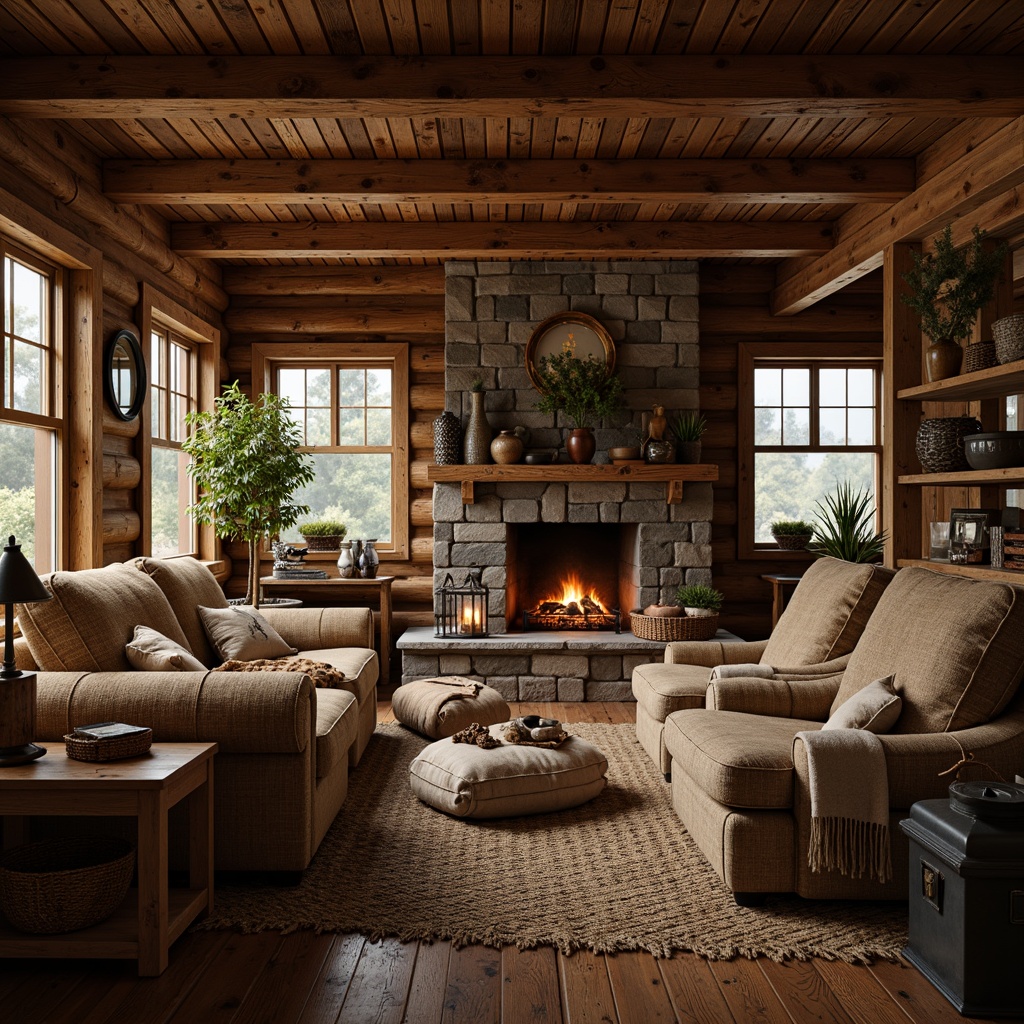 Prompt: Cozy cabin, wooden accents, earthy tones, natural fabrics, plush throw blankets, vintage decor, reclaimed wood furniture, metal hardware, lantern lighting, stone fireplaces, comfortable seating, woven baskets, potted plants, warm color palette, soft candlelight, shallow depth of field, 1/1 composition, realistic textures, ambient occlusion.