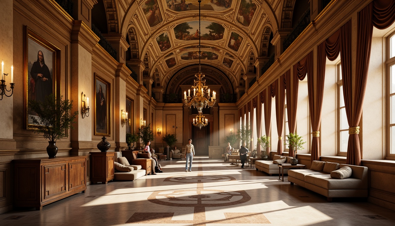 Prompt: Luxurious Renaissance interior, rich wood tones, ornate gold accents, warm beige walls, velvet drapes, intricate fresco ceilings, marble floors, grand chandeliers, soft candlelight, dramatic shadows, 3/4 composition, atmospheric perspective, realistic textures, ambient occlusion.