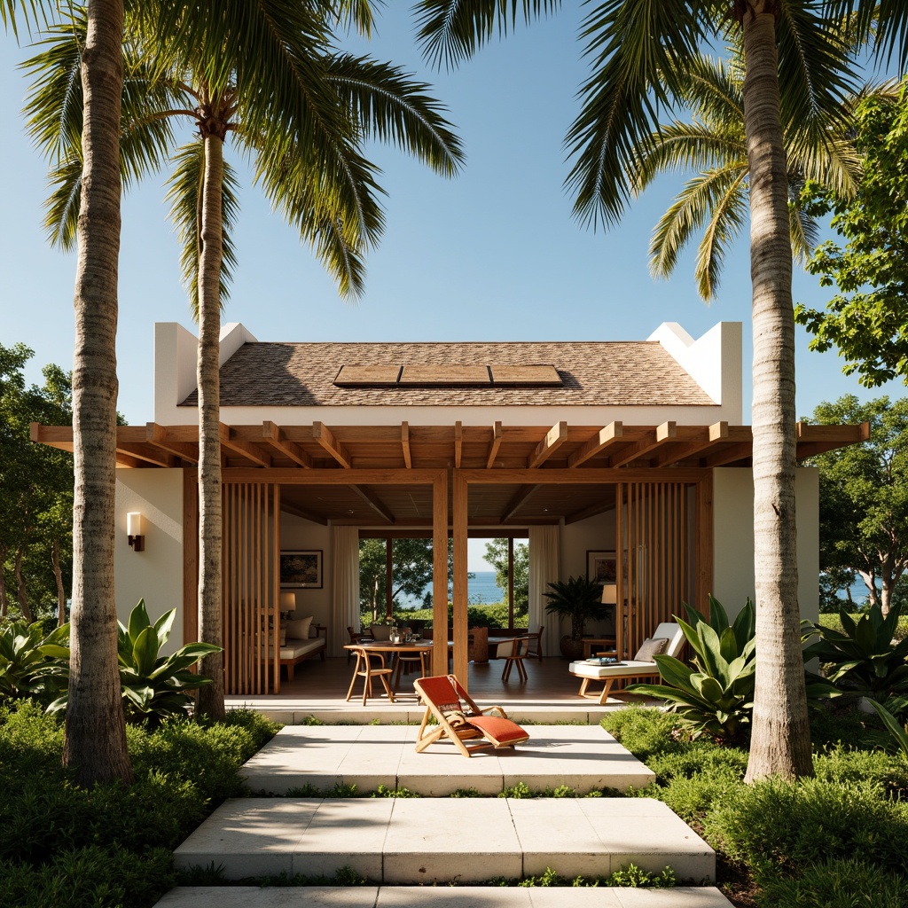 Prompt: Tropical villa, large overhanging eaves, wooden shutters, natural ventilation systems, high ceilings, clerestory windows, operable skylights, louvered walls, cross-ventilation designs, breezy interior spaces, lush greenery surroundings, tropical plants, palm trees, warm sunny day, soft diffused lighting, 1/1 composition, symmetrical architecture, earthy tone materials, rustic wooden accents, vibrant colorful textiles.