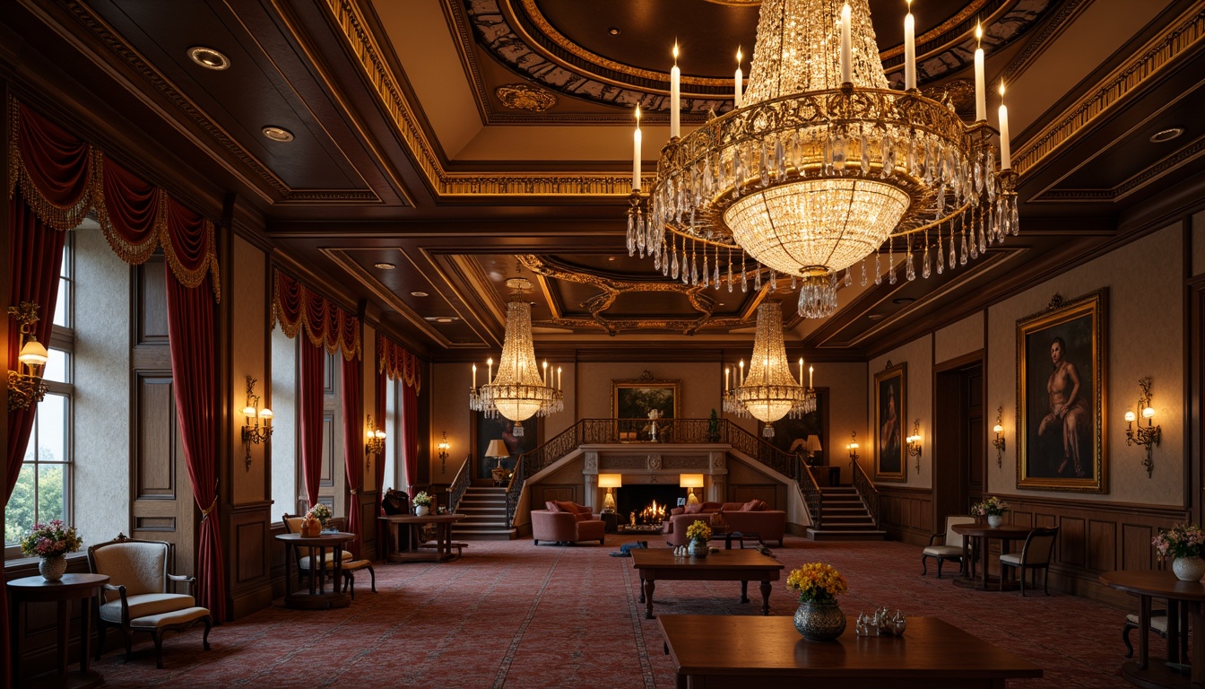 Prompt: Ornate chandeliers, crystal drops, golden accents, lavish draping, velvet fabrics, rich wood tones, intricate carvings, majestic ceiling heights, grandiose staircases, opulent furnishings, warm ambient glow, soft candlelight, dramatic shadowing, 1/1 composition, shallow depth of field, realistic textures, ambient occlusion.