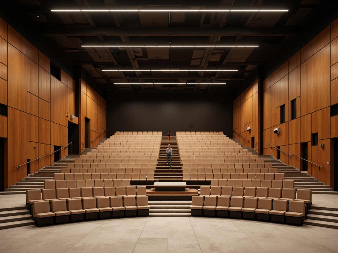 Prompt: Streamlined auditorium interior, modern minimalist aesthetic, sound-absorbing acoustic panels, sleek wooden walls, polished concrete floors, curved lines, geometric shapes, suspended ceilings, warm ambient lighting, plush theatre seating, stainless steel handrails, premium fabric upholstery, subtle color palette, optimized reverberation time, 1/2 composition, softbox lighting, cinematic atmosphere, realistic textures.