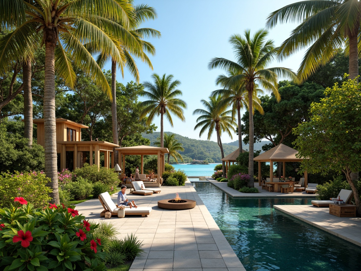 Prompt: Lush tropical gardens, exotic palm trees, vibrant hibiscus flowers, natural stone walkways, wooden deck chairs, rattan furniture, open-air pavilions, infinity pools, crystal-clear waters, turquoise lagoons, overwater bungalows, thatched roofs, bamboo accents, woven textiles, colorful tiki torches, soft warm lighting, shallow depth of field, 1/2 composition, panoramic view, realistic textures, ambient occlusion.