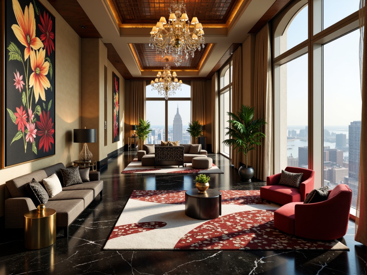 Prompt: Luxurious penthouse apartment, opulent Art Deco style, rich velvet fabrics, metallic silver accents, geometric patterns, ornate furnishings, lavish chandeliers, grand city views, floor-to-ceiling windows, sleek black marble floors, champagne-colored walls, glamorous Hollywood Regency flair, bold colorful artwork, statement pieces, luxurious fur throws, intricate wood inlays, glossy lacquered surfaces, sophisticated ambient lighting, cinematic 1-point perspective, shallow depth of field, ornate gold leaf details.