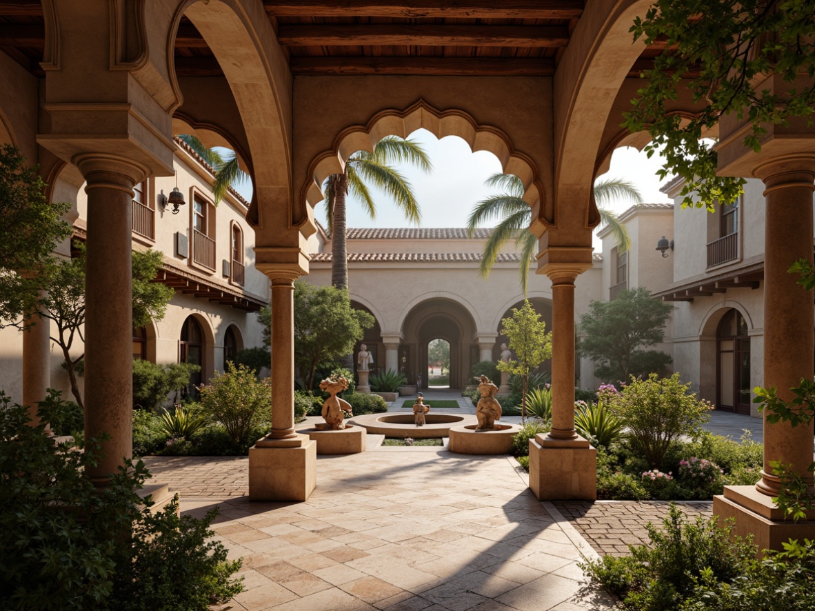 Prompt: Intricate arches, ornate columns, rustic stone walls, terracotta rooftops, serene courtyards, lush greenery, vibrant flowers, tranquil fountains, sacred statues, stained glass windows, warm golden lighting, soft shadows, Mediterranean-inspired architecture, curved lines, ornamental patterns, decorative tiles, ancient relics, mysterious ambiance, 1/2 composition, atmospheric perspective, realistic textures, subtle color palette.