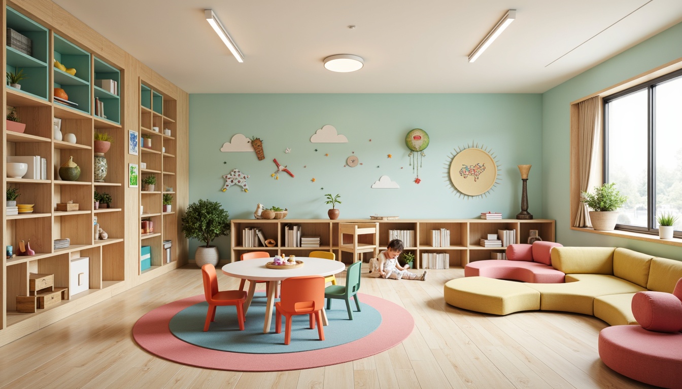 Prompt: Vibrant kindergarten classroom, soft pastel colors, rounded wooden tables, colorful plastic chairs, plush area rugs, cozy reading nooks, kid-sized bookshelves, interactive play equipment, educational wall decals, gentle natural lighting, warm beige flooring, modern minimalist design, circular gathering spaces, comfortable cushioned benches, whimsical mobiles, stimulating sensory materials, creative art stations, safe and durable furniture, inclusive adaptive seating options, harmonious color schemes, engaging play-based learning environments.