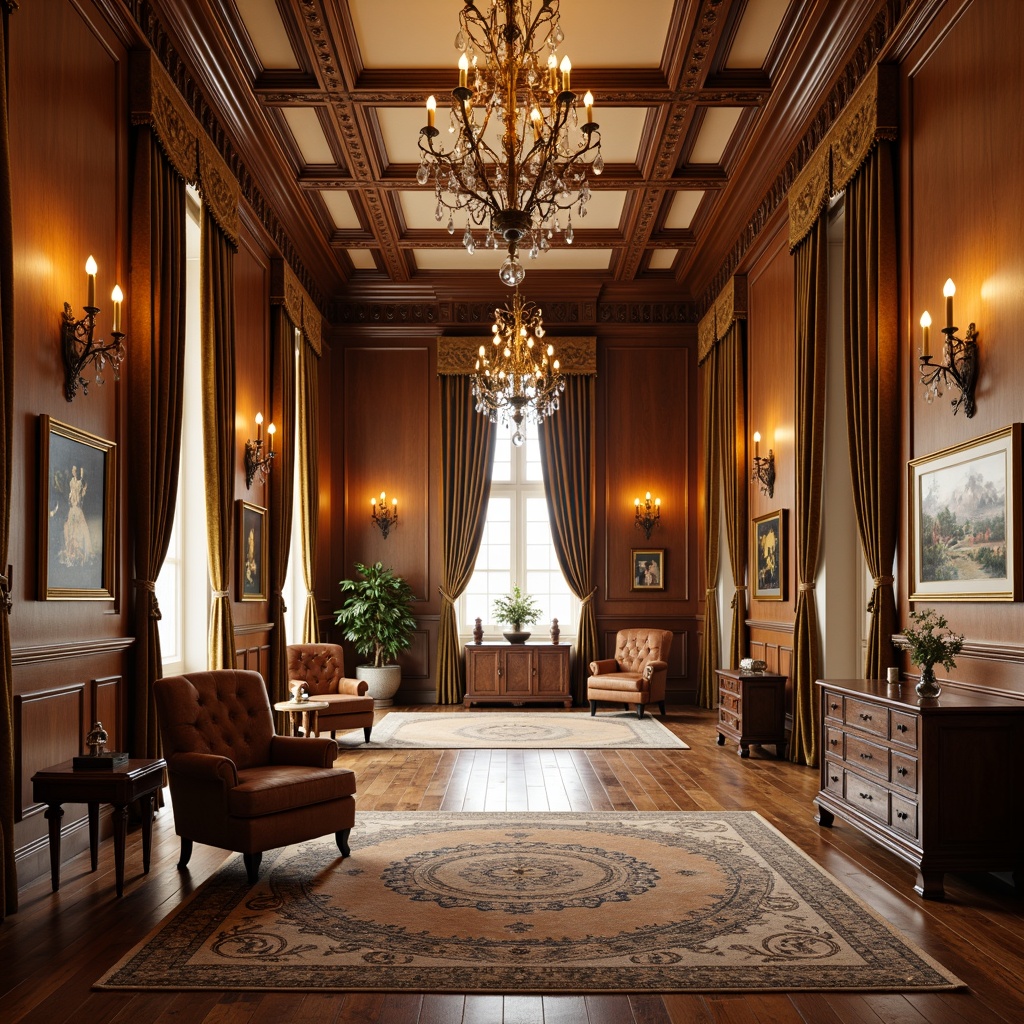 Prompt: Richly polished hardwood floors, ornate wooden paneling, elegant wainscoting, sophisticated crown molding, luxurious velvet drapes, intricate patterned rugs, warm beige walls, classic crystal chandeliers, antique bronze hardware, distressed leather armchairs, vintage-inspired tapestries, soft golden lighting, subtle texture variation, 1/2 composition, warm color palette, realistic material reflection.