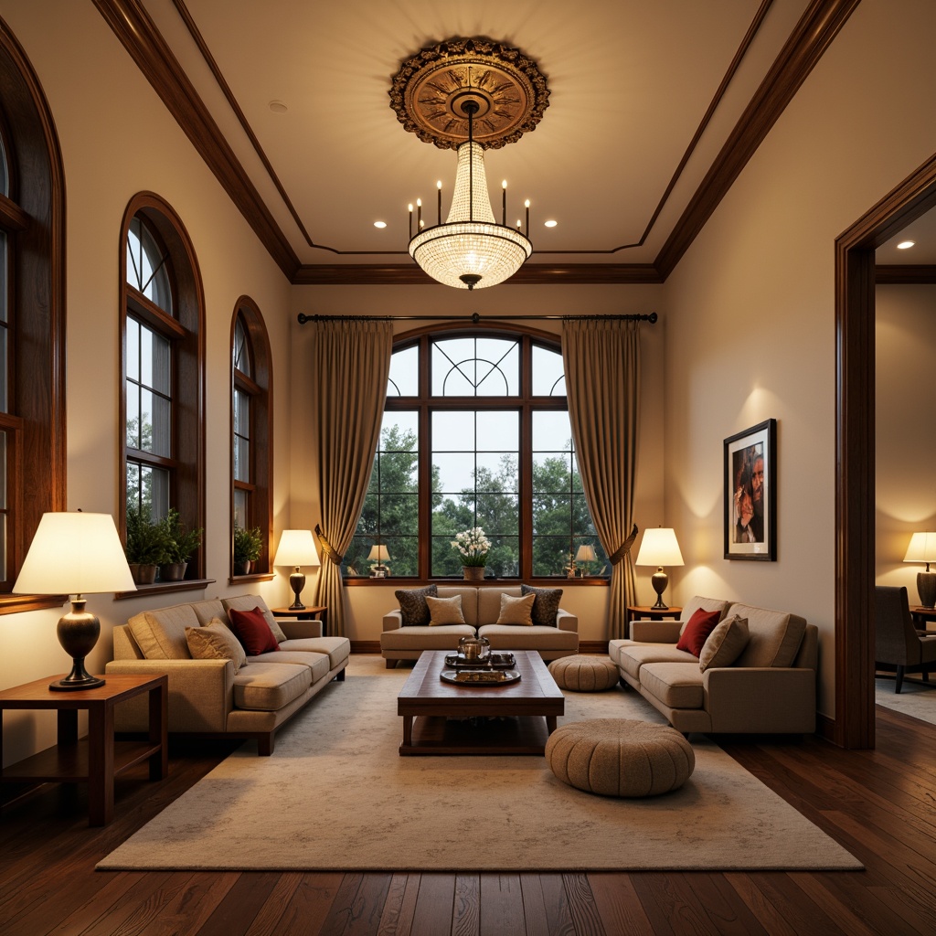 Prompt: Elegant living room, warm ambient lighting, soft glowing floor lamps, minimalist table lamps, cozy reading nooks, plush area rugs, rich wood flooring, cream-colored walls, ornate ceiling fixtures, sparkling crystal chandeliers, metallic bronze accents, natural textiles, earthy color palette, subtle shading, dramatic spotlighting, 1/1 composition, realistic material rendering.