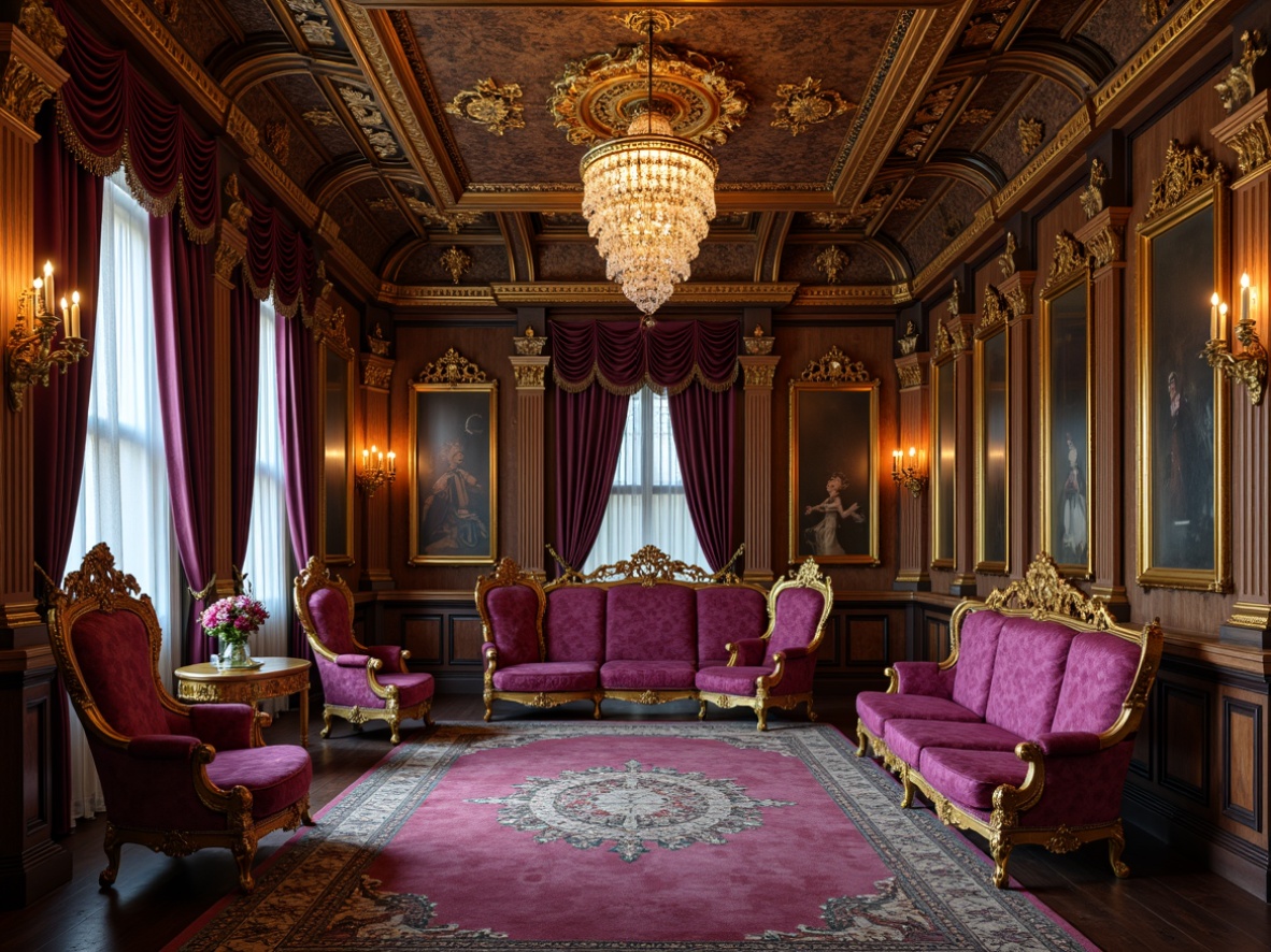 Prompt: Ornate gilded frames, intricately carved wooden panels, luxurious velvet fabrics, majestic throne-like chairs, golden metal accents, ornamental mirrors, lavish crystal chandeliers, richly patterned rugs, regal purple and gold color scheme, opulent drapery, grandiose proportions, curved lines, symmetrical composition, dramatic lighting, soft focus, warm color temperature, realistic textures, ambient occlusion.