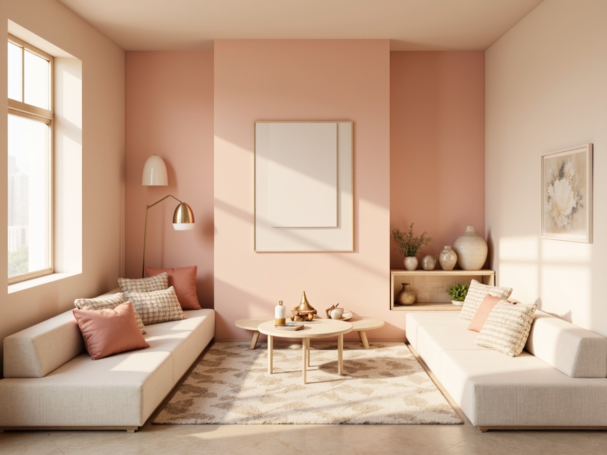 Prompt: Pastel-hued interior design, soft peach walls, creamy white furniture, warm beige flooring, subtle golden accents, delicate floral patterns, elegant curved lines, natural textiles, ambient warm lighting, shallow depth of field, 1/1 composition, serene atmosphere, minimalist decor, gentle color transitions.