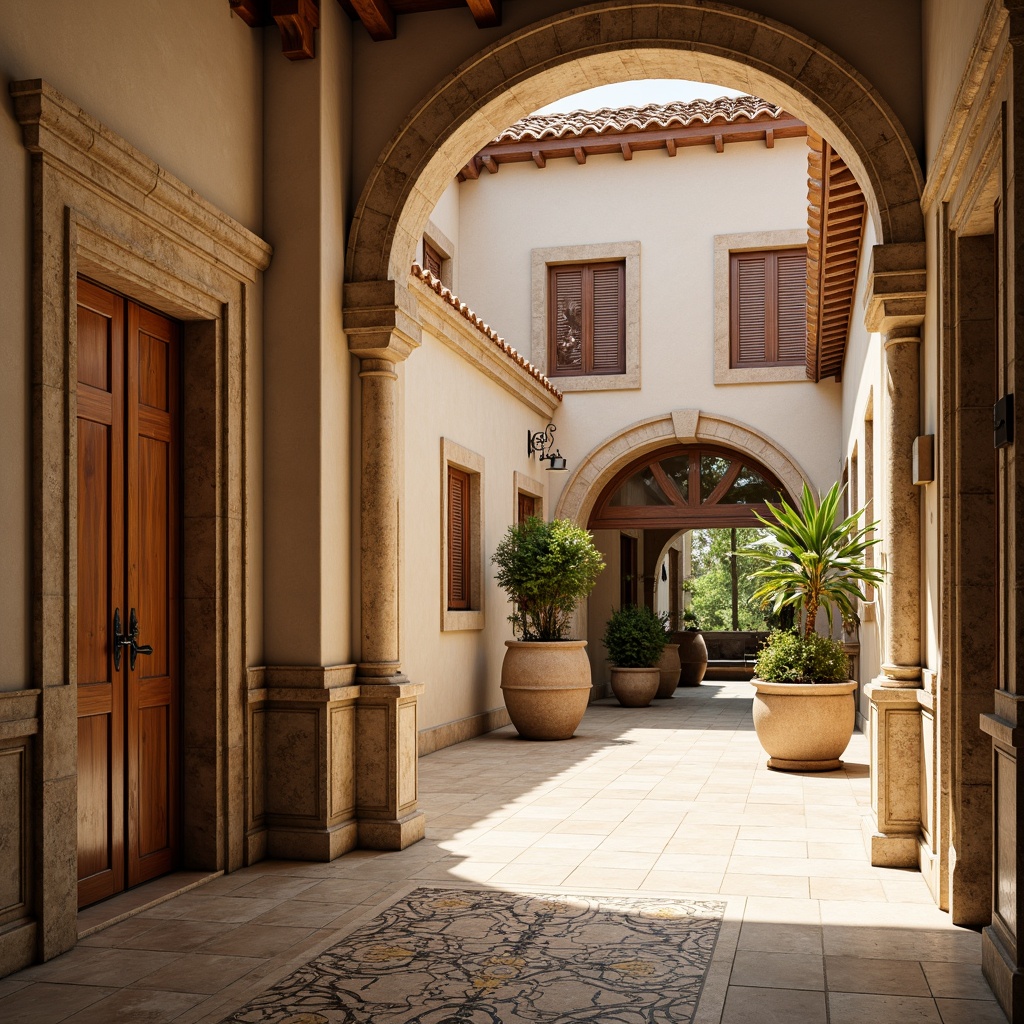 Prompt: Warm beige stucco exterior, rustic stone walls, wooden shutters, terracotta roof tiles, ornate metalwork, grand arched entrance, lavish courtyard, vibrant tile mosaics, intricately carved wood accents, creamy marble floors, warm golden lighting, shallow depth of field, 1/1 composition, soft focus, realistic textures, ambient occlusion.