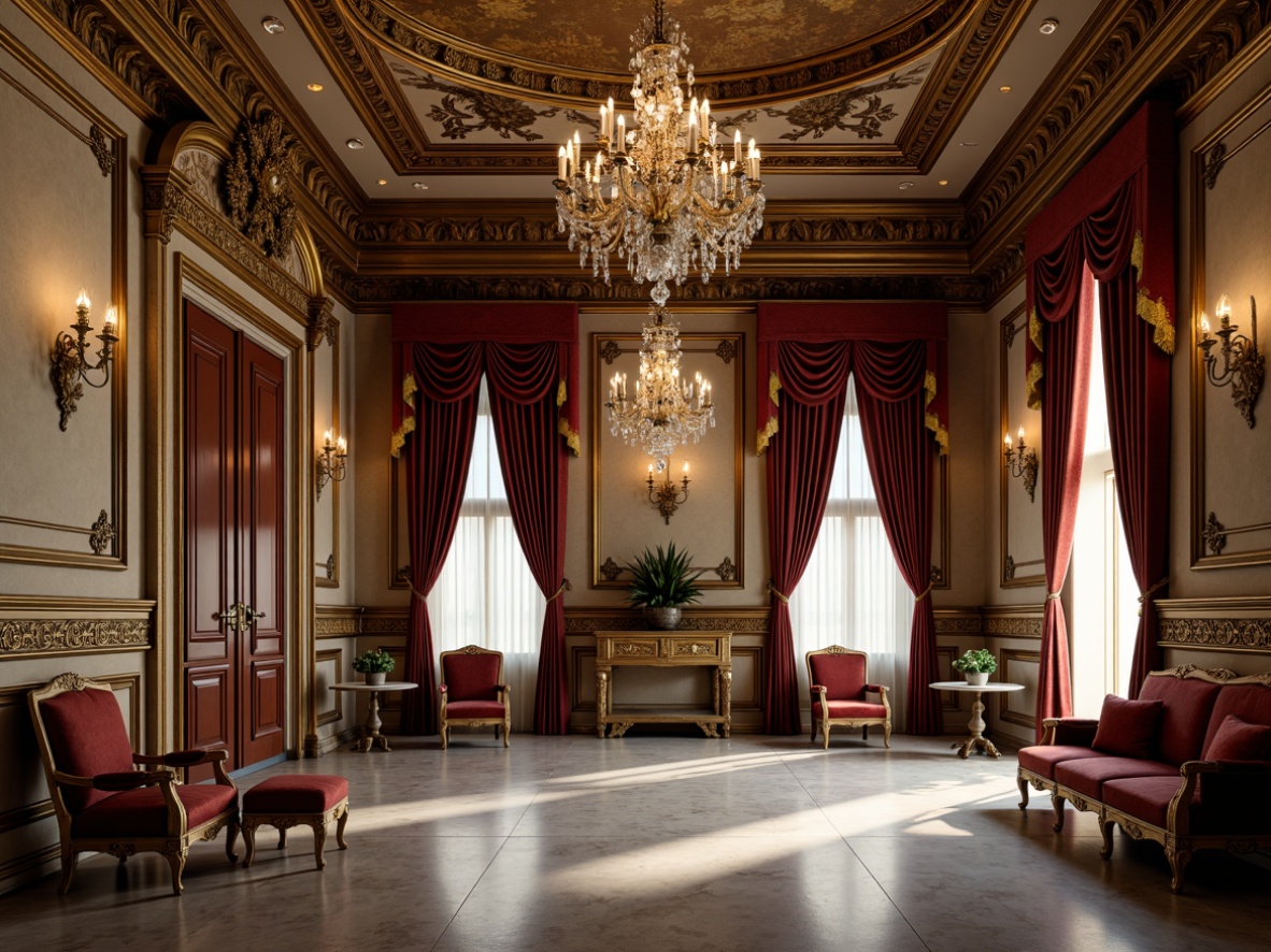 Prompt: Intricate moldings, ornate furnishings, grand chandeliers, lavish drapery, rich velvet fabrics, gilded frames, marble floors, Corinthian columns, carved wooden panels, crystal sconces, delicate filigree, subtle ornateness, soft warm lighting, shallow depth of field, 3/4 composition, realistic textures, ambient occlusion, opulent color palette, majestic atmosphere, sophisticated elegance.