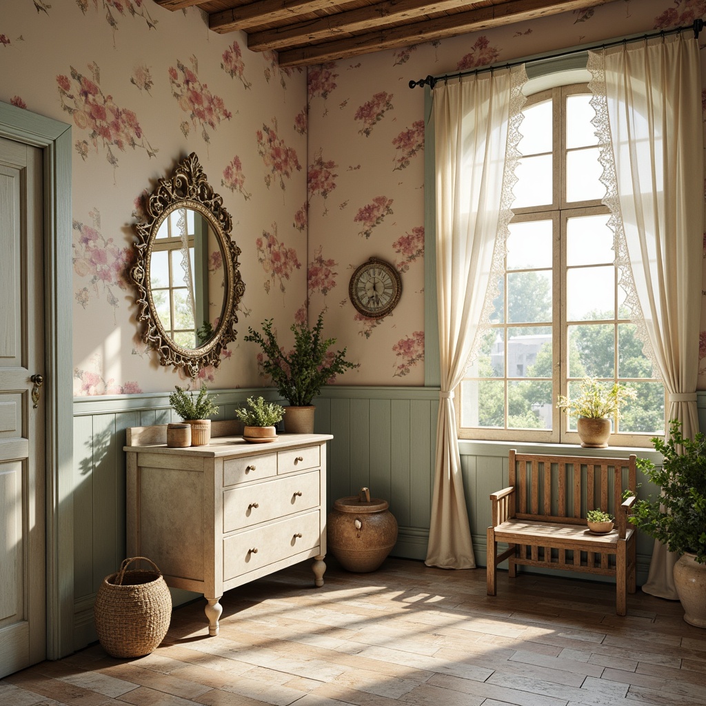 Prompt: Whimsical cottage, distressed finishes, soft pastel hues, warm beige tones, vintage floral patterns, lace details, ornate mirrors, rusty metal accents, natural wood textures, creamy whites, pale blues, mauve pinks, sunny yellows, gentle greens, subtle weathering effects, soft focus, shallow depth of field, 1/1 composition, romantic lighting, warm atmosphere.