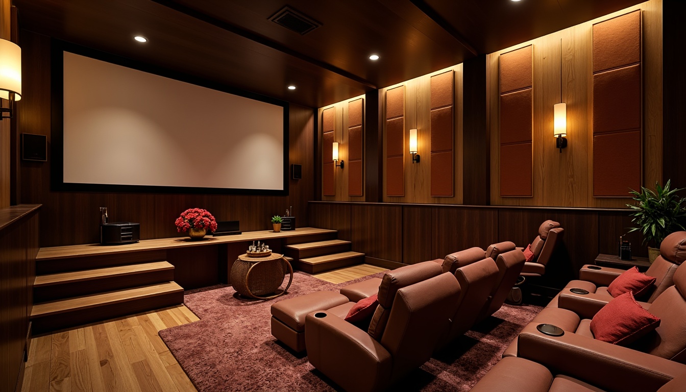 Prompt: Cozy home theater, plush recliners, velvety soft cushions, wooden floorings, dimmable warm lighting, cinematic screen, surround sound speakers, acoustic panels, tiered seating, optimal viewing angles, immersive experience, luxurious textiles, metallic accents, rich wood tones, intimate ambiance, dark color scheme, cinematic atmosphere, 3/4 composition, shallow depth of field, panoramic view.