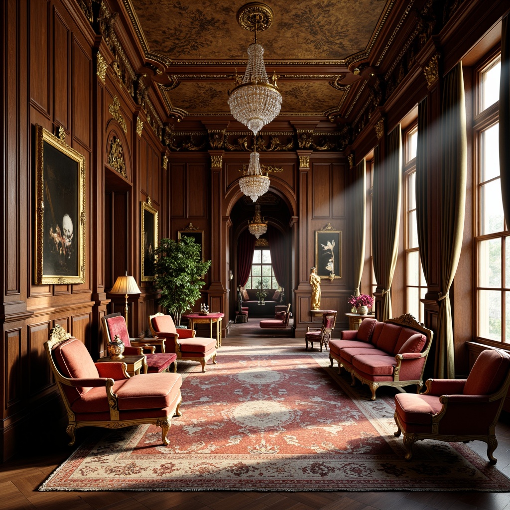 Prompt: Renaissance-style apartment, ornate wooden furniture, intricately carved chairs, velvet upholstered sofas, gilded mirrors, crystal chandeliers, rich tapestries, luxurious fabrics, dark wood paneling, ornamental columns, arched windows, grandiose ceilings, lavish decorations, warm golden lighting, soft focus, 1/2 composition, atmospheric perspective, detailed textures.